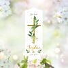Auf dem Bild ist das Produkt: Taufkerze Blätter Kreuz Kerze zur Taufe mit Namen Junge Mädchen Personalisiert Datum Taufspruch zum Preis von €5.90 abgebildet.