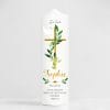 Auf dem Bild ist das Produkt: Taufkerze Blätter Kreuz Kerze zur Taufe mit Namen Junge Mädchen Personalisiert Datum Taufspruch zum Preis von €5.90 abgebildet.