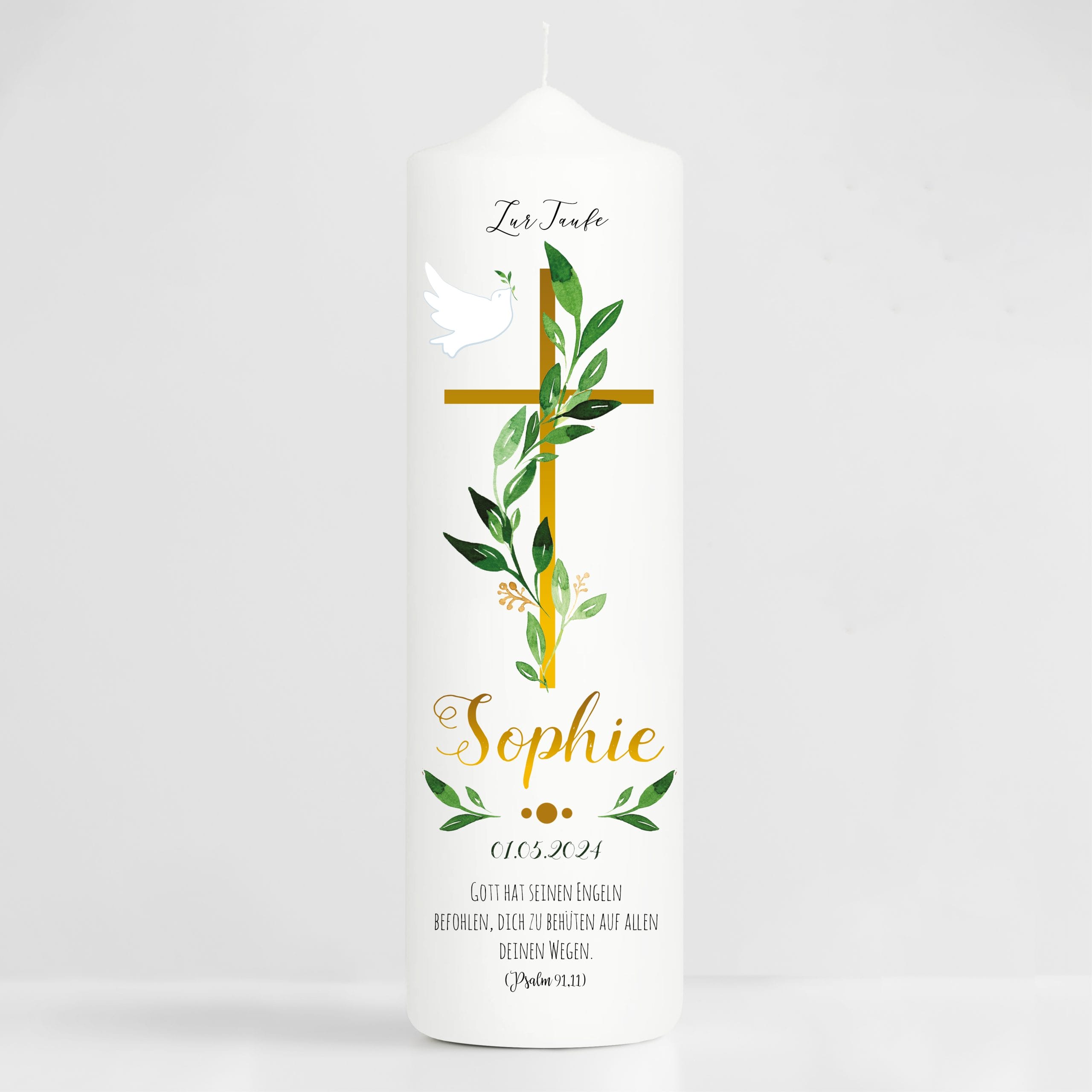 Auf dem Bild ist das Produkt: Taufkerze Blätter Kreuz Kerze zur Taufe mit Namen Junge Mädchen Personalisiert Datum Taufspruch zum Preis von €5.90 abgebildet.