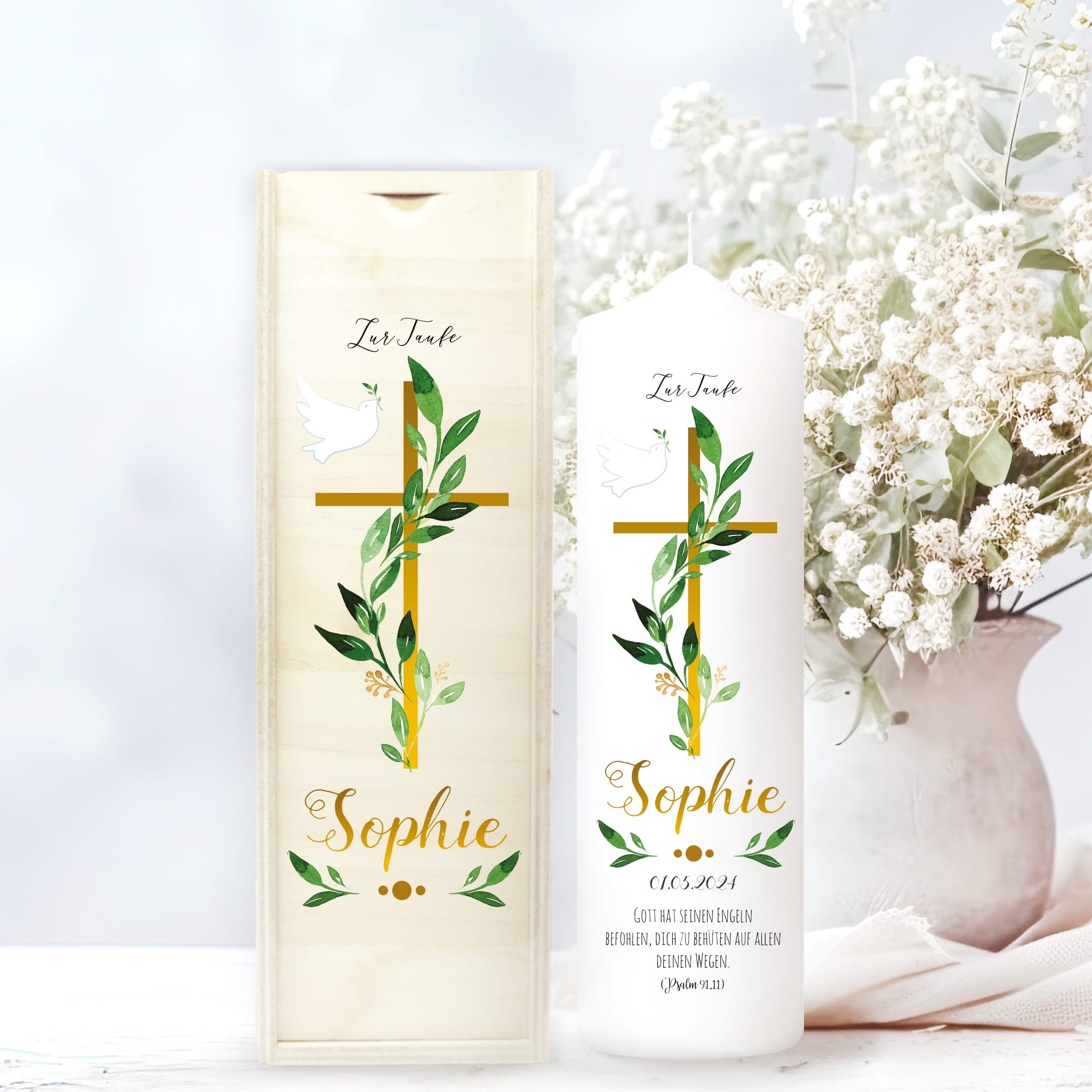 Taufkerze Blätter Kreuz Kerze zur Taufe mit Namen Junge Mädchen Personalisiert Datum Taufspruch