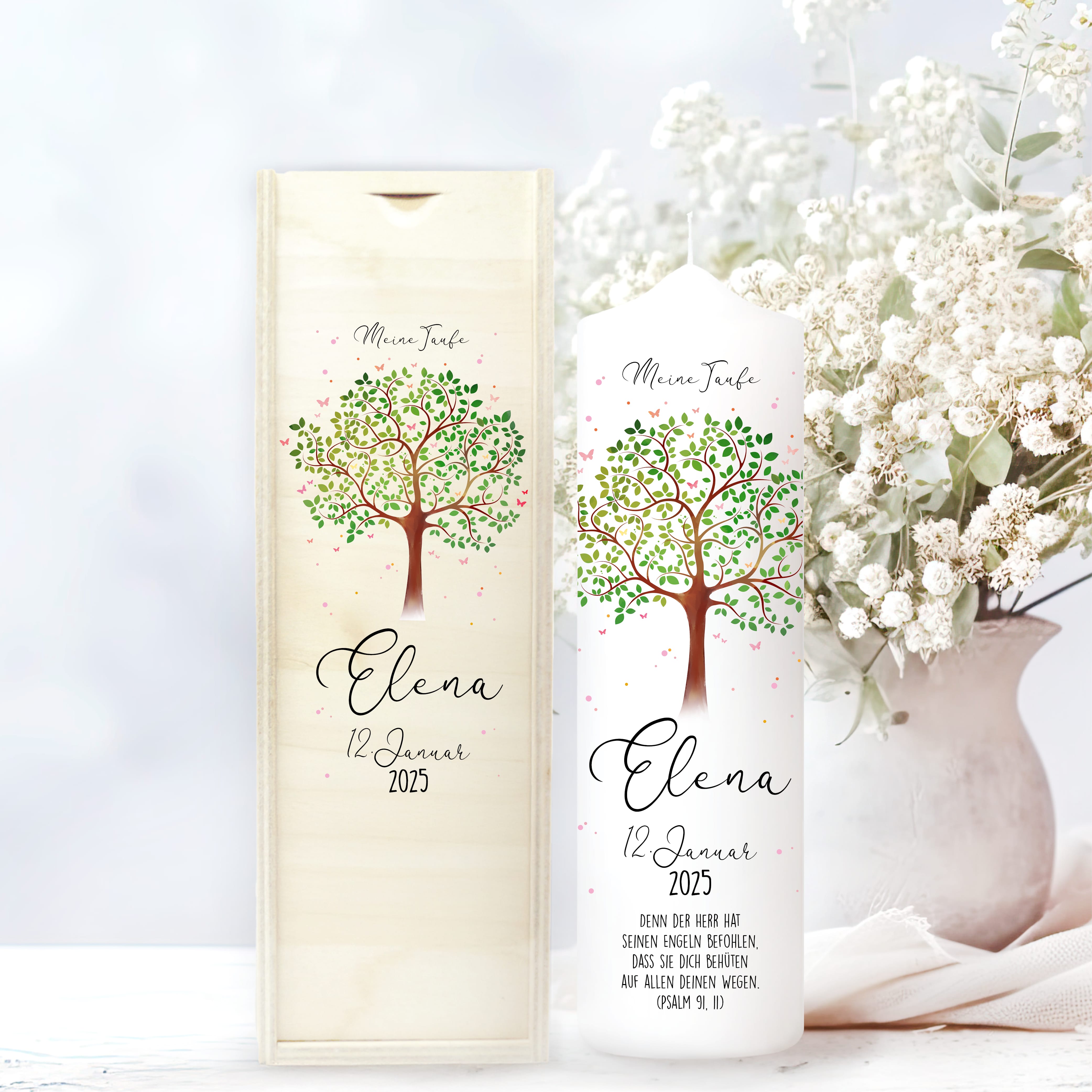 Taufkerze Lebensbaum Schmetterling Junge Mädchen Baum Schmetterlinge bedruckt mit Namen, Datum und Taufspruch