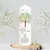 Auf dem Bild ist das Produkt: Taufkerze Lebensbaum Schmetterling Junge Mädchen Baum Schmetterlinge bedruckt mit Namen, Datum und Taufspruch zum Preis von €6.40 abgebildet.