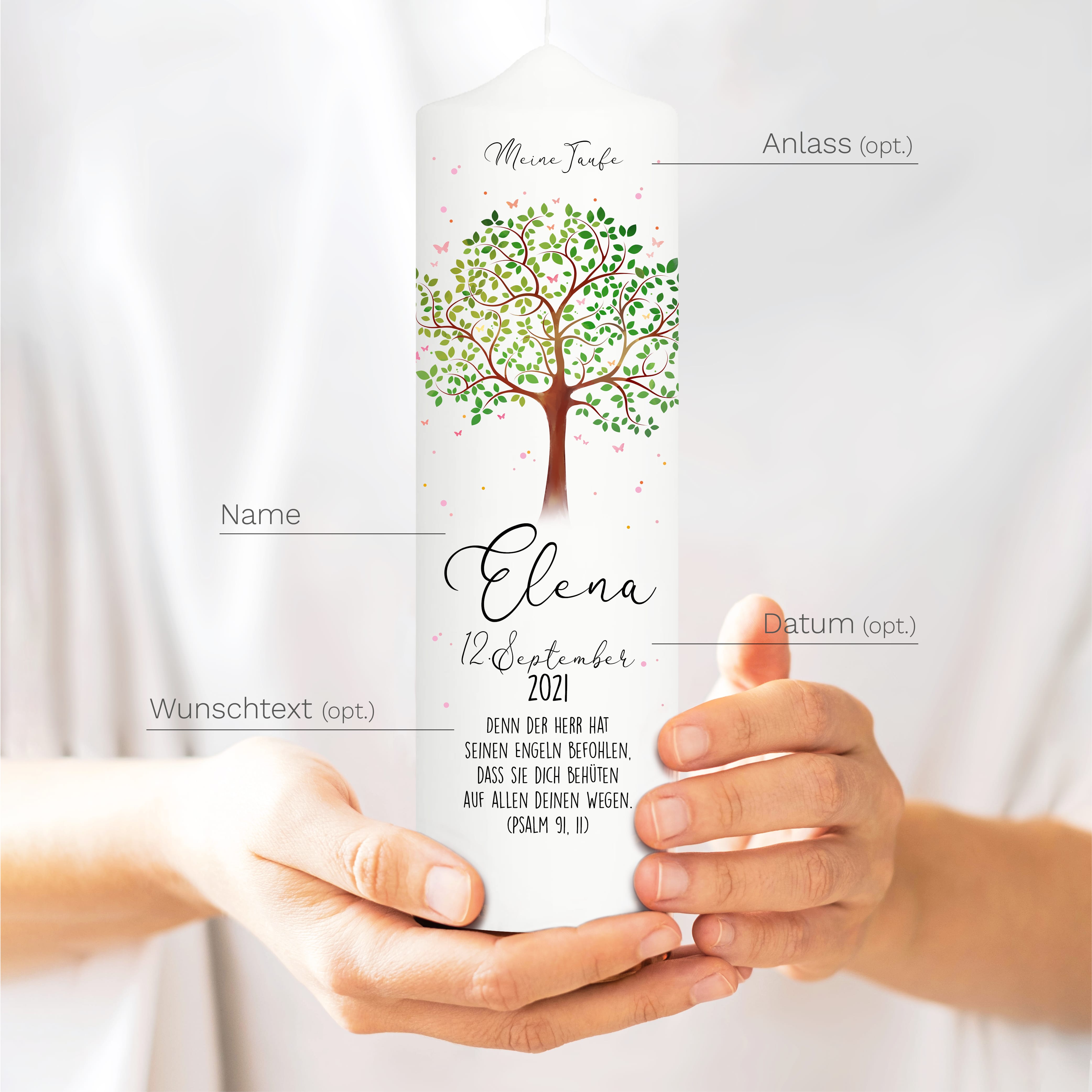 Auf dem Bild ist das Produkt: Taufkerze Lebensbaum Schmetterling Junge Mädchen Baum Schmetterlinge bedruckt mit Namen, Datum und Taufspruch zum Preis von €6.40 abgebildet.