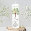 Auf dem Bild ist das Produkt: Taufkerze Lebensbaum Schmetterling Junge Mädchen Baum Schmetterlinge bedruckt mit Namen, Datum und Taufspruch zum Preis von €6.40 abgebildet.