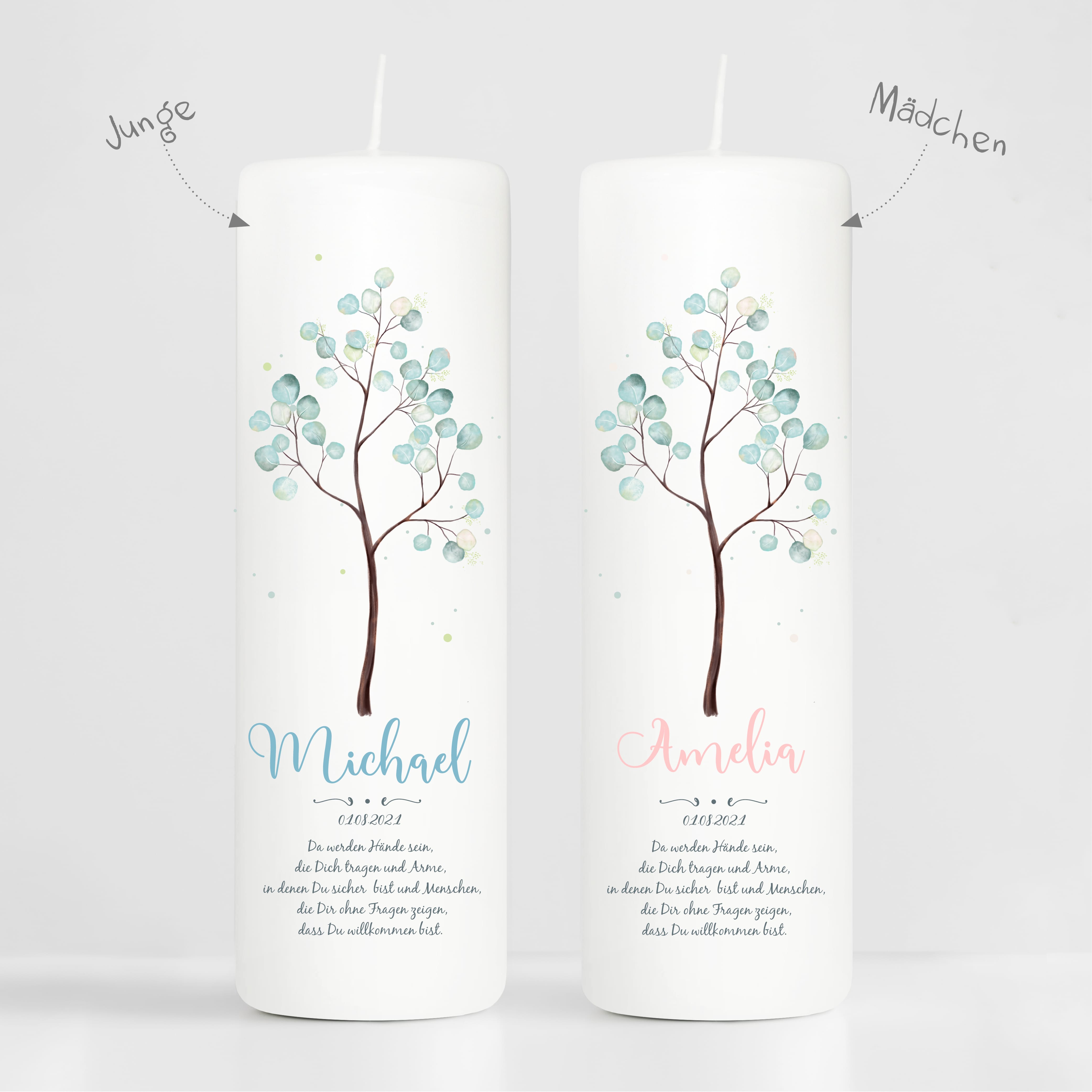 Taufkerze Junge Mädchen Baum Lebensbaum pastell bedruckt mit Namen, Datum und auf Wunsch eigenem, vorgegebenem oder keinem Taufspruch Auf dem Bild ist das Produkt: Taufkerze Junge Mädchen Baum Lebensbaum pastell bedruckt mit Namen, Datum und auf Wunsch eigenem, vorgegebenem oder keinem Taufspruch zum Preis von €5.90 abgebildet.