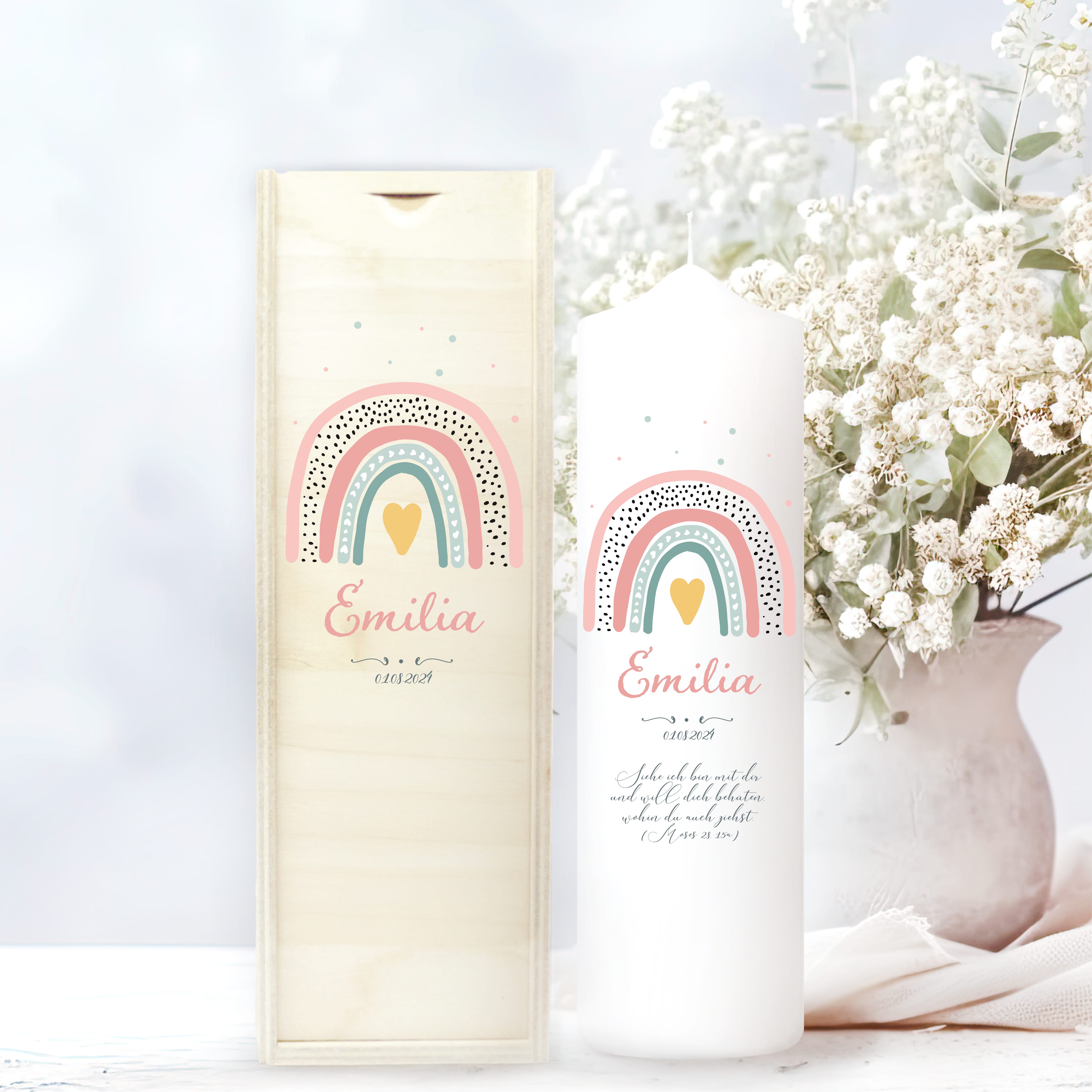 Taufkerze Kerze zur Taufe oder Kommunion Regenbogen bunt Taufspruch mit Wunschname & Datum