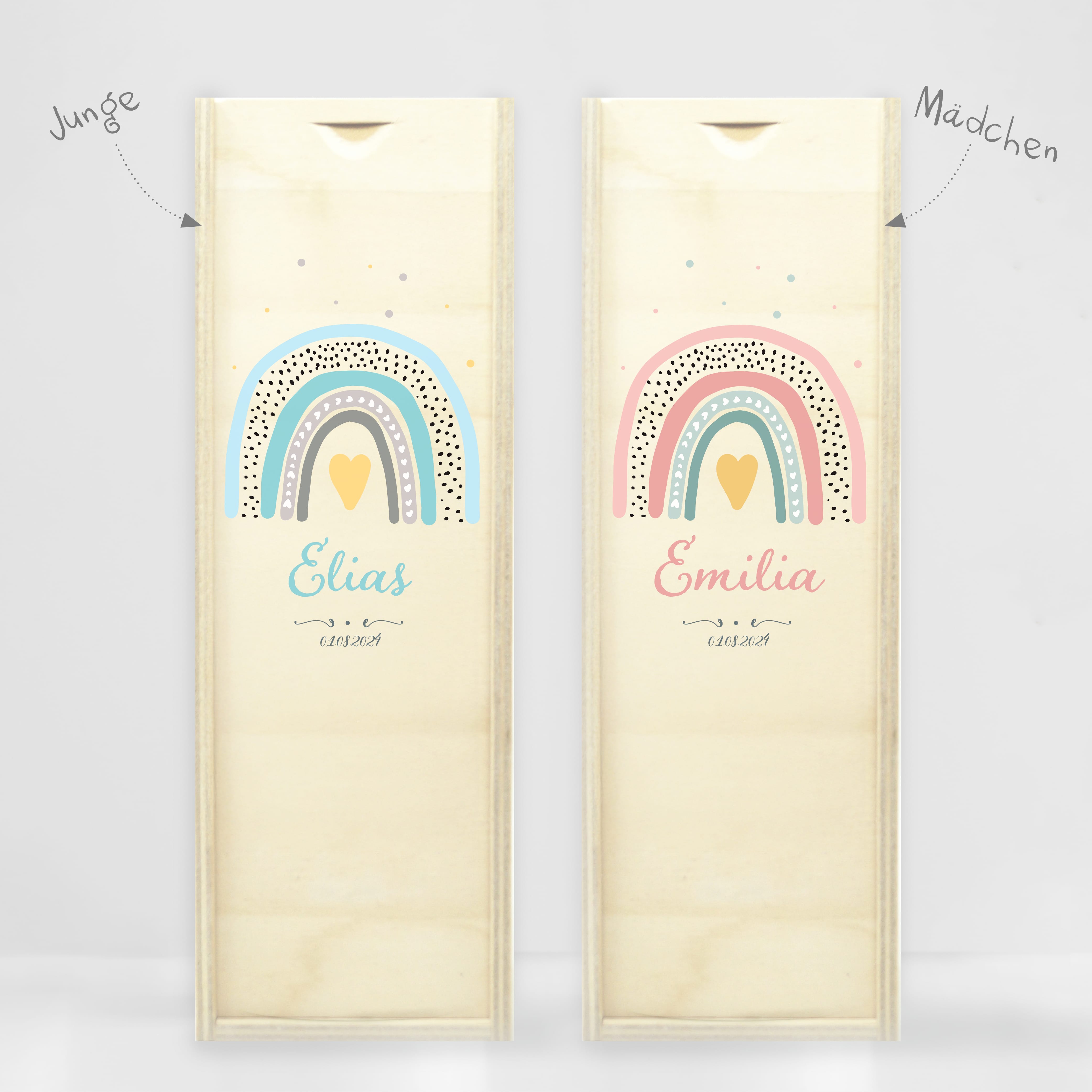 Auf dem Bild ist das Produkt: Taufkerze Kerze zur Taufe oder Kommunion Regenbogen bunt Taufspruch mit Wunschname & Datum zum Preis von €5.90 abgebildet.