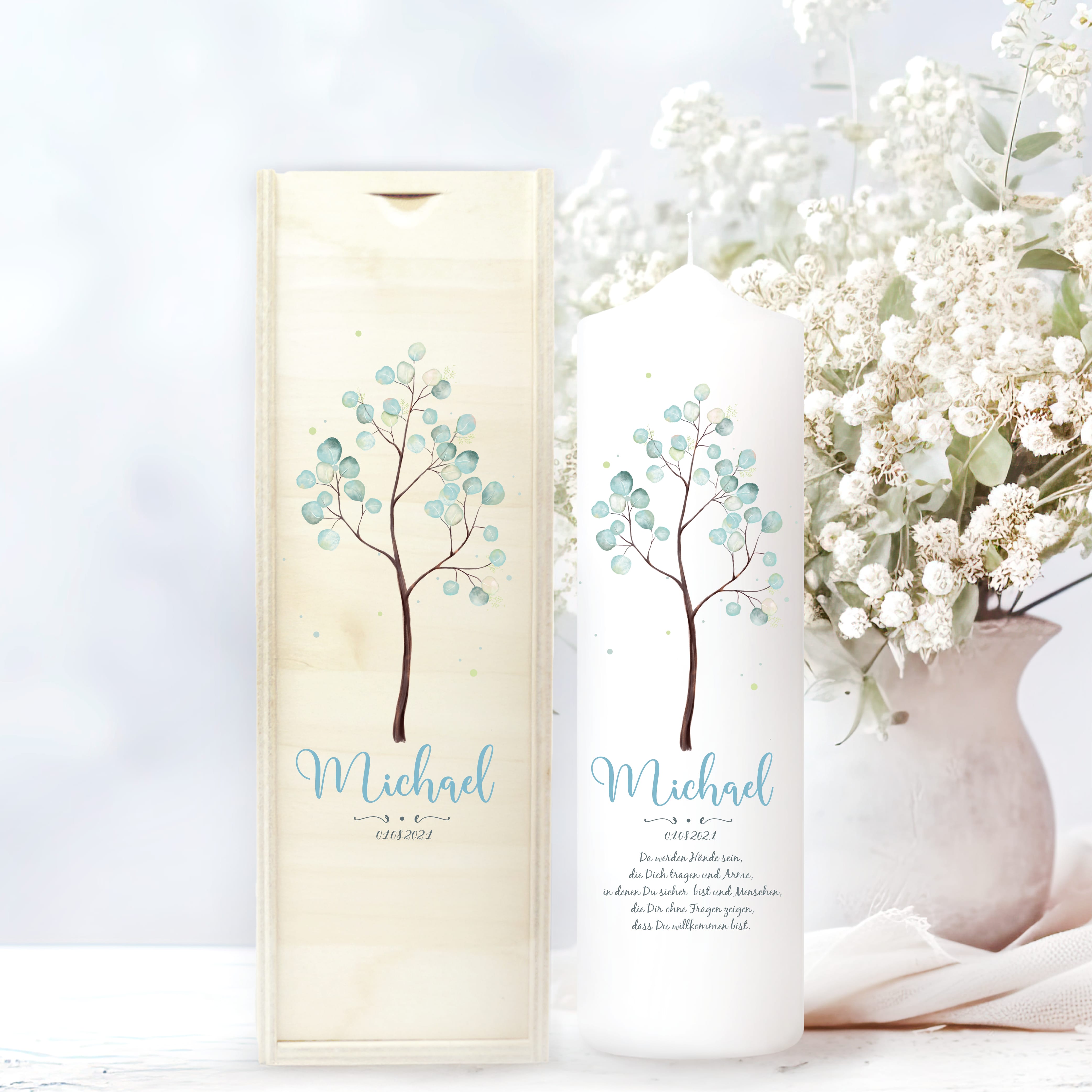 Taufkerze Junge Mädchen Baum Lebensbaum pastell bedruckt mit Namen, Datum und auf Wunsch eigenem, vorgegebenem oder keinem Taufspruch Taufkerze Junge Mädchen Baum Lebensbaum pastell bedruckt mit Namen, Datum und auf Wunsch eigenem, vorgegebenem oder keinem Taufspruch