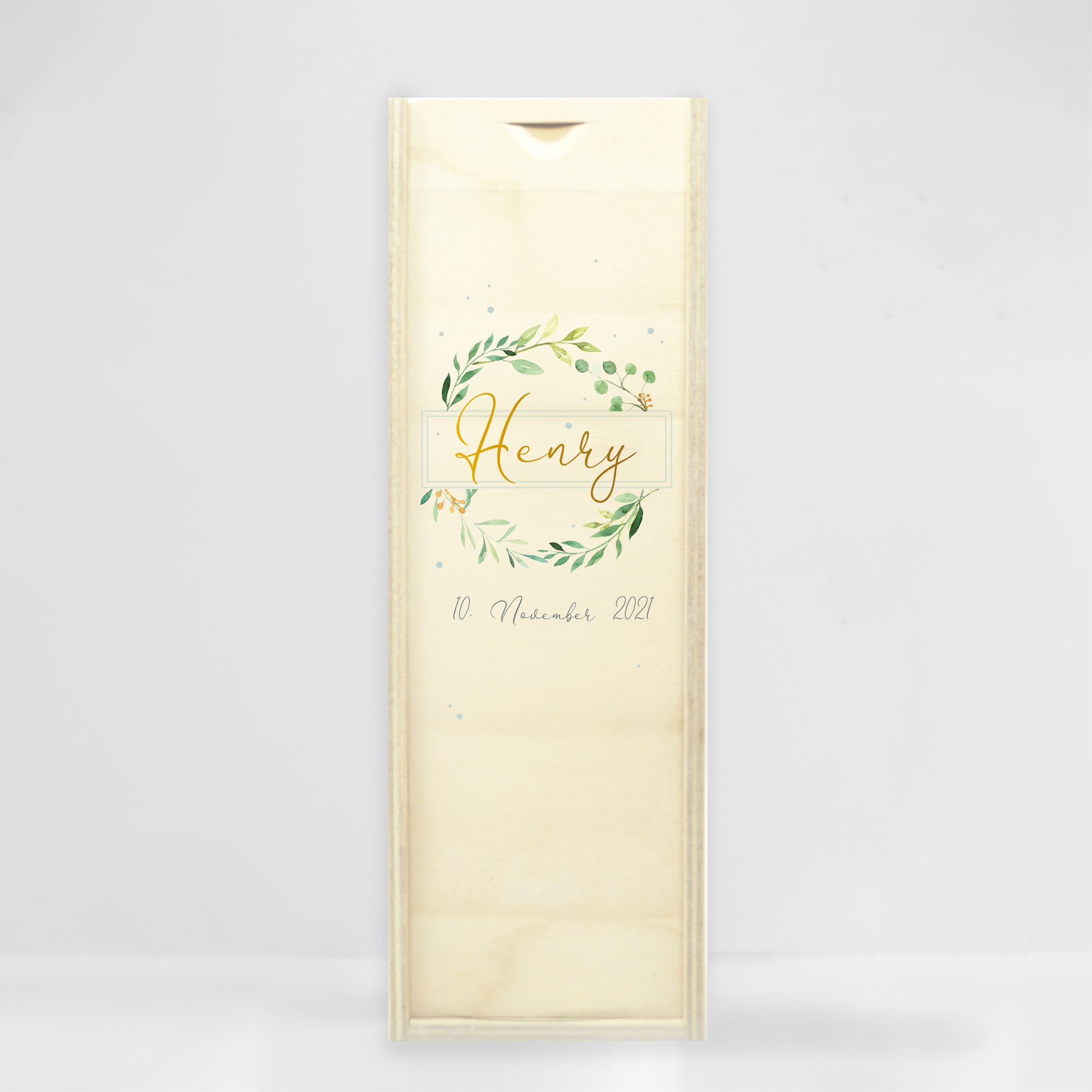 Auf dem Bild ist das Produkt: Taufkerze Junge Mädchen Baum Blätterkranz grün pastell bedruckt mit Namen, Datum und auf Wunsch eigenem, vorgegebenem oder keinem Taufspruch zum Preis von €5.90 abgebildet.