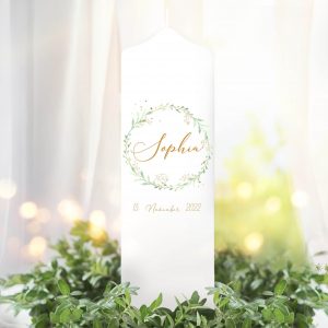 Taufkerze Junge Mädchen Blätterkranz grün mit Häschen mit Namen, Datum und auf Wunsch eigenem, vorgegebenem oder keinem Taufspruch Auf dem Bild ist das Produkt: Taufkerze Junge Mädchen Blätterkranz grün mit Häschen mit Namen, Datum und auf Wunsch eigenem, vorgegebenem oder keinem Taufspruch zum Preis von €5.9 abgebildet.