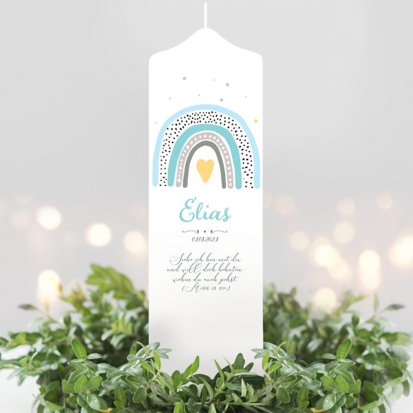 Auf dem Bild ist das Produkt: Taufkerze Kerze zur Taufe oder Kommunion Regenbogen bunt Taufspruch mit Wunschname & Datum zum Preis von €5.90 abgebildet.