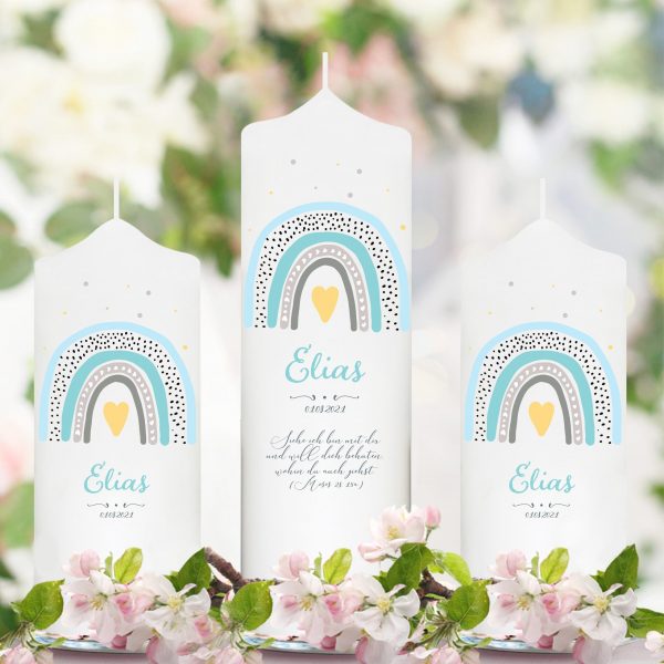 Auf dem Bild ist das Produkt: Taufkerze Kerze zur Taufe oder Kommunion Regenbogen bunt Taufspruch mit Wunschname & Datum zum Preis von €5.90 abgebildet.