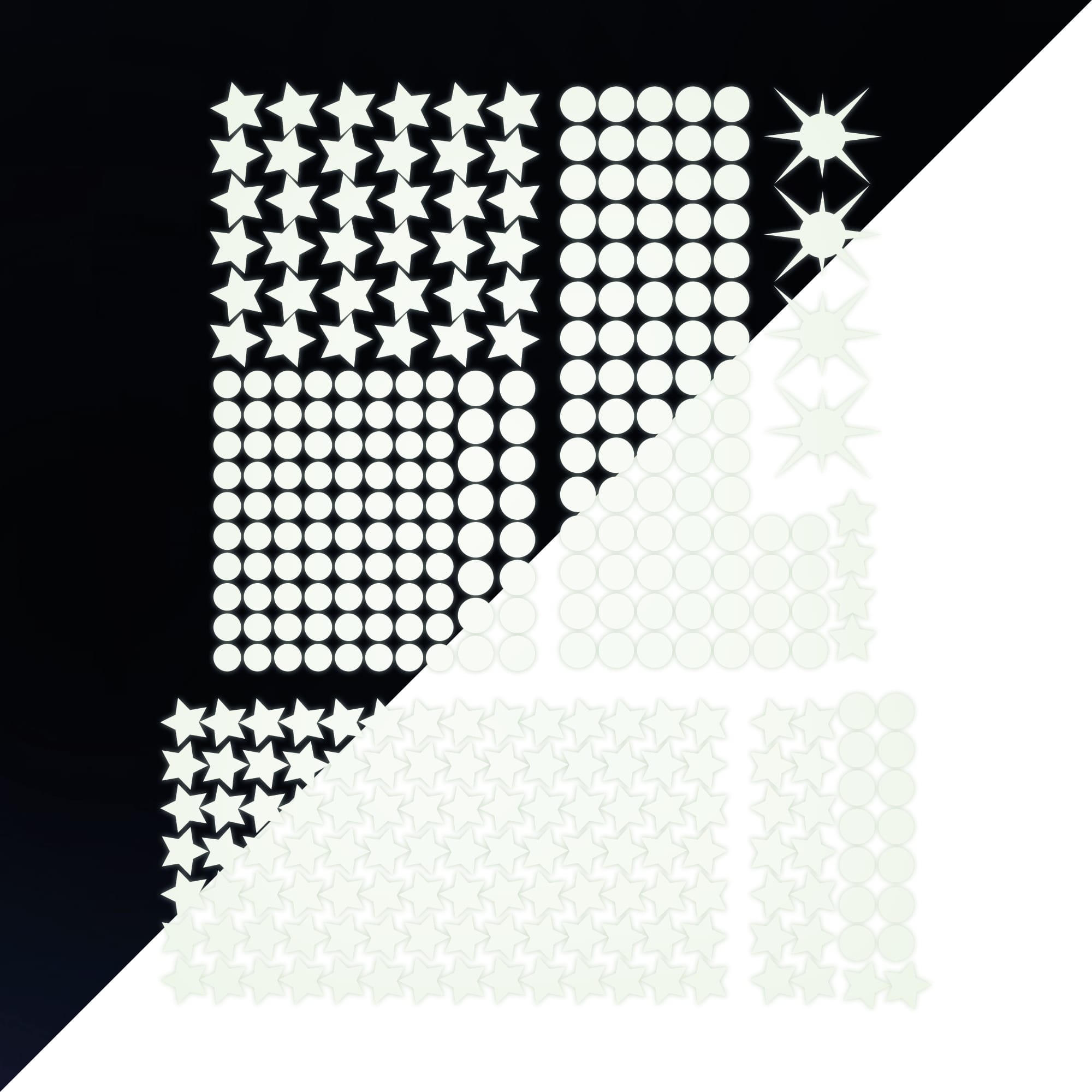 Leuchtaufkleber 350 Stk fluoreszierende Sterne und Punkte leuchten im Dunklen Kinderzimmer Sternenhimmel Auf dem Bild ist das Produkt: Leuchtaufkleber 350 Stk fluoreszierende Sterne und Punkte leuchten im Dunklen Kinderzimmer Sternenhimmel zum Preis von €9.90 abgebildet.