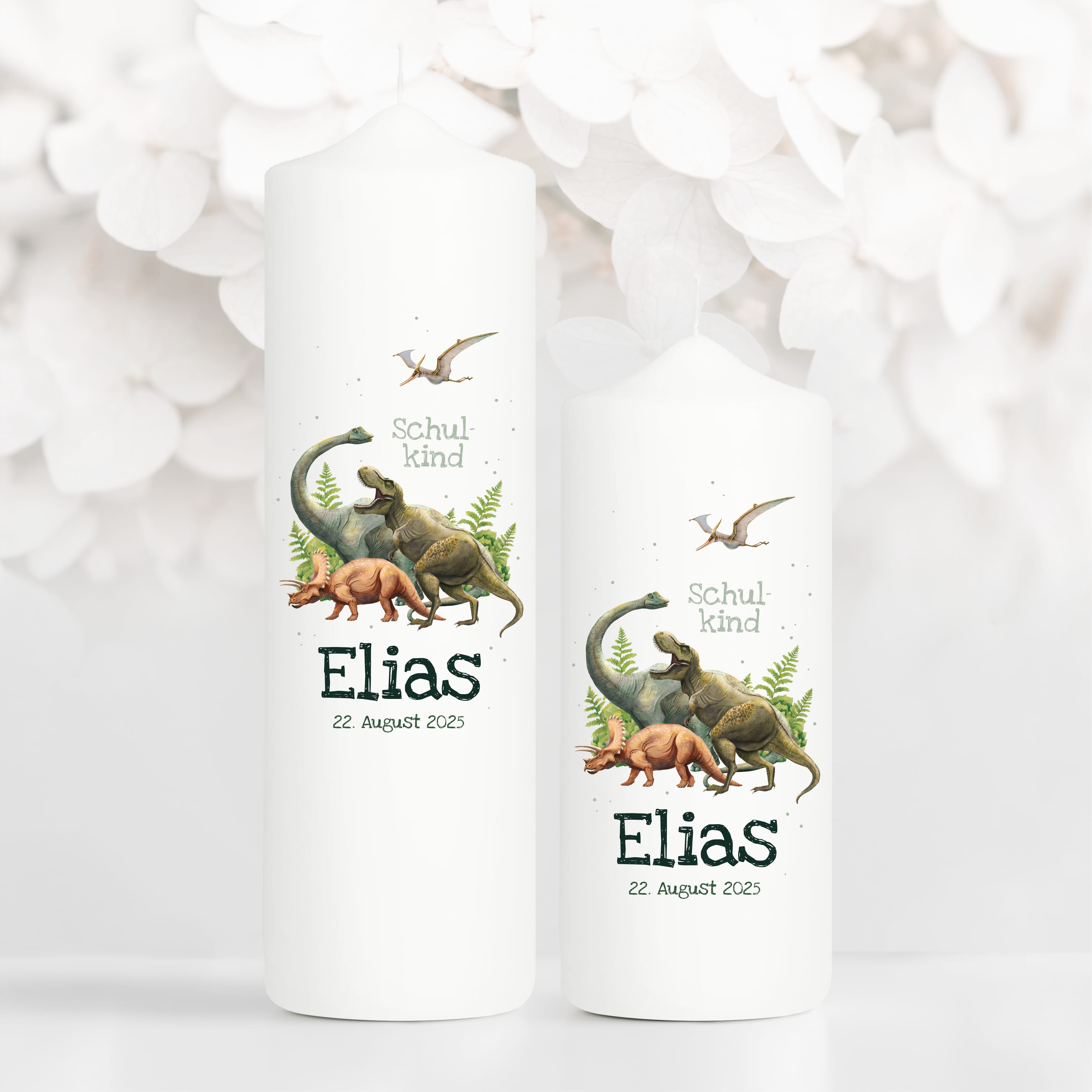 Kerze zur Einschulung mit Dinosaurier personalisiert mit Namen und Datum Dino Geschenk Erster Schultag Auf dem Bild ist das Produkt: Kerze zur Einschulung mit Dinosaurier personalisiert mit Namen und Datum Dino Geschenk Erster Schultag zum Preis von €5.9 abgebildet.