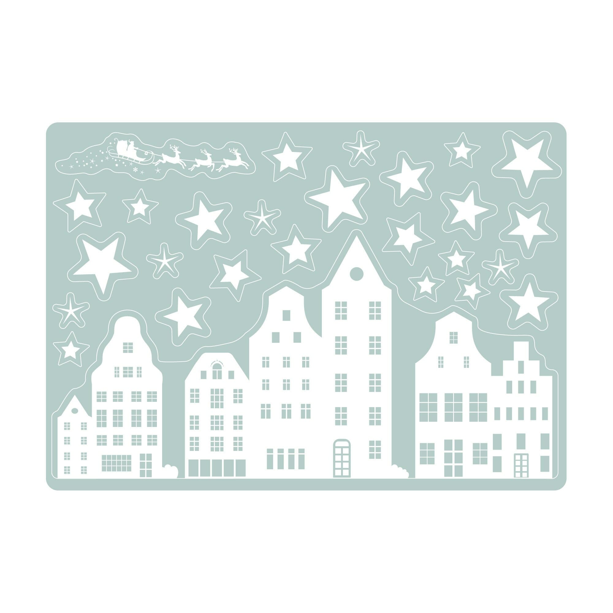 Wiederverwendbares Fensterbild Weihnachten Winterstadt Fensterdekoration Weihnachten Winter Rentierschlitten Sterne weiß Auf dem Bild ist das Produkt: Wiederverwendbares Fensterbild Weihnachten Winterstadt Fensterdekoration Weihnachten Winter Rentierschlitten Sterne weiß zum Preis von €13.90 abgebildet.