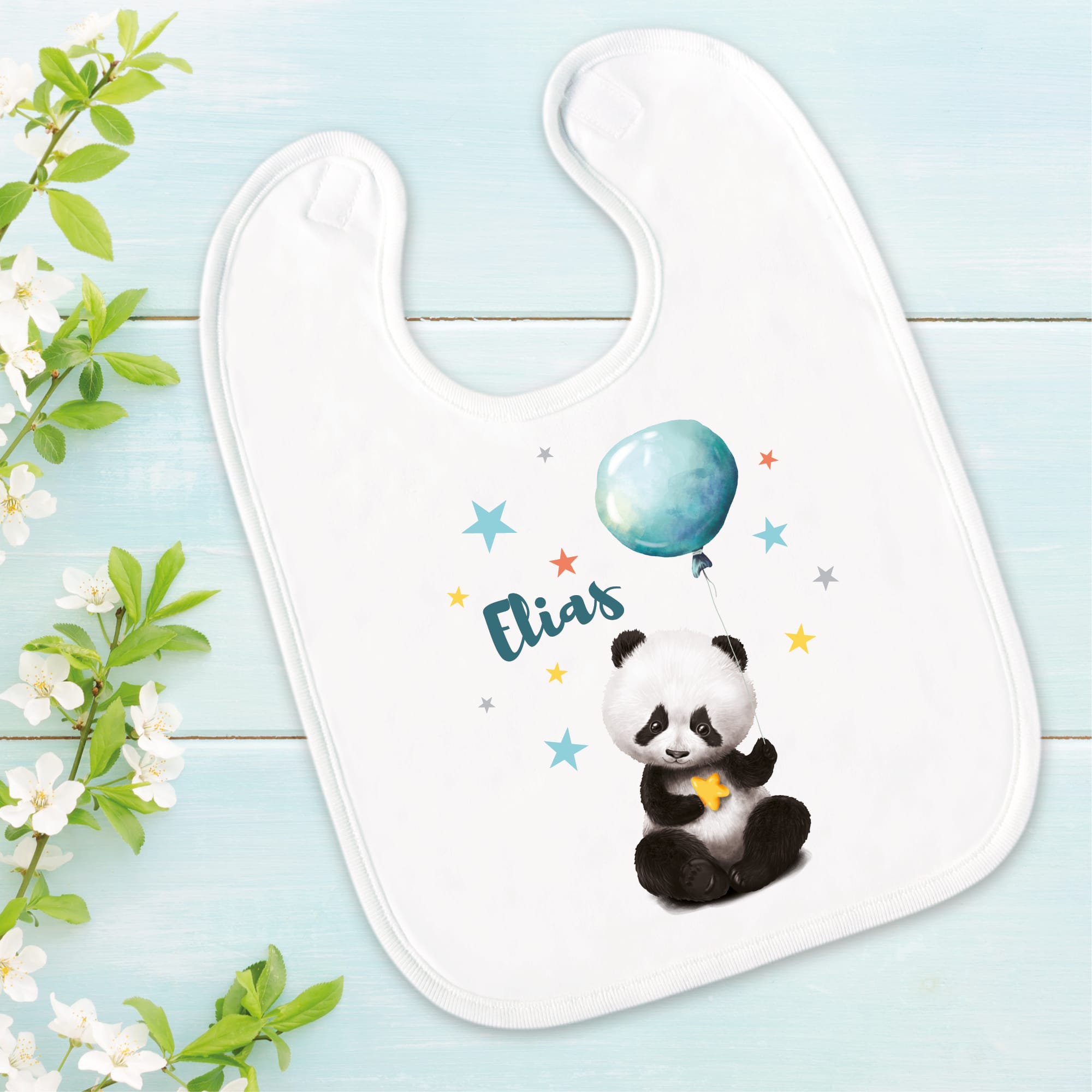Bedrucktes Babylätzchen Panda Bär Luftballon Ballon Sterne mit Klettverschluss Wunschnamen Individuell Kinder Lätzchen Kleinkind