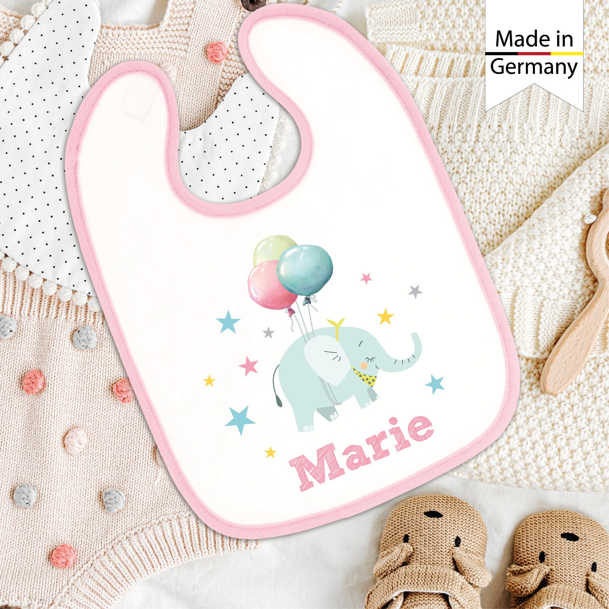 Bedrucktes Babylätzchen Elefant Luftballons Sterne mit Klettverschluss Wunschnamen Individuell Kinder Lätzchen Kleinkind Auf dem Bild ist das Produkt: Bedrucktes Babylätzchen Elefant Luftballons Sterne mit Klettverschluss Wunschnamen Individuell Kinder Lätzchen Kleinkind zum Preis von €14.9 abgebildet.