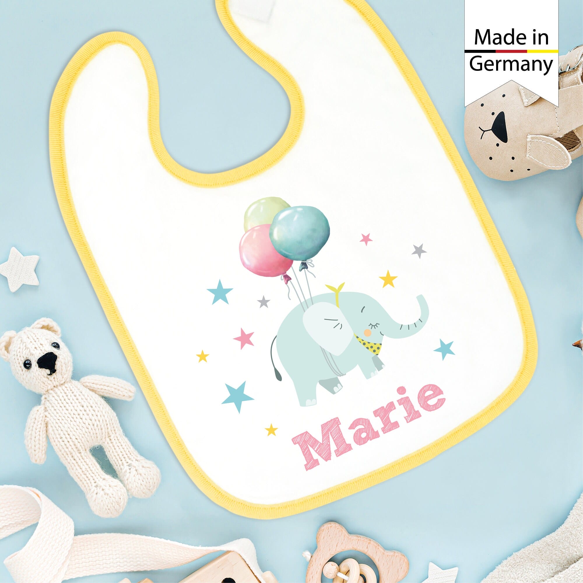 Bedrucktes Babylätzchen Elefant Luftballons Sterne mit Klettverschluss Wunschnamen Individuell Kinder Lätzchen Kleinkind Auf dem Bild ist das Produkt: Bedrucktes Babylätzchen Elefant Luftballons Sterne mit Klettverschluss Wunschnamen Individuell Kinder Lätzchen Kleinkind zum Preis von €14.9 abgebildet.