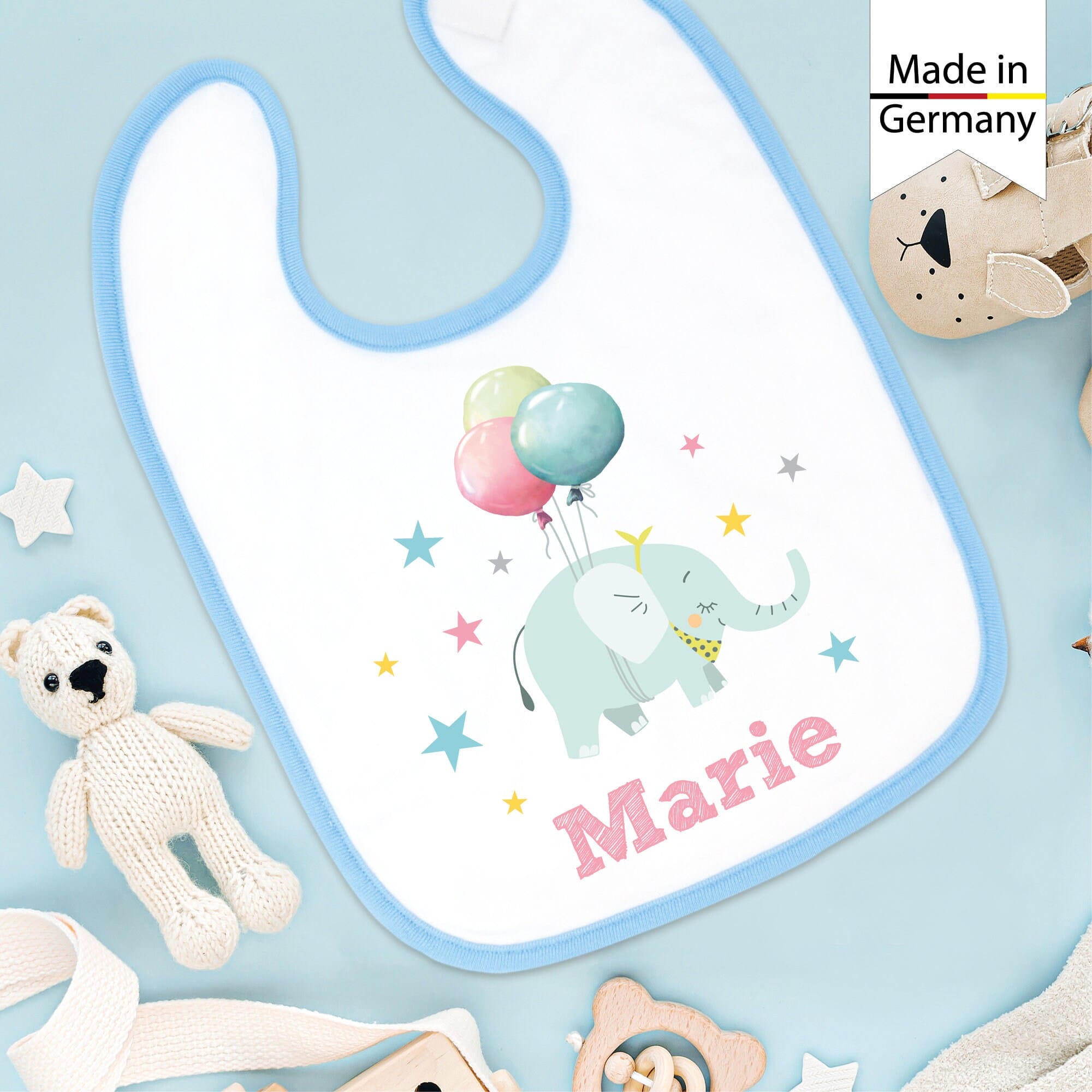 Bedrucktes Babylätzchen Elefant Luftballons Sterne mit Klettverschluss Wunschnamen Individuell Kinder Lätzchen Kleinkind Auf dem Bild ist das Produkt: Bedrucktes Babylätzchen Elefant Luftballons Sterne mit Klettverschluss Wunschnamen Individuell Kinder Lätzchen Kleinkind zum Preis von €14.9 abgebildet.