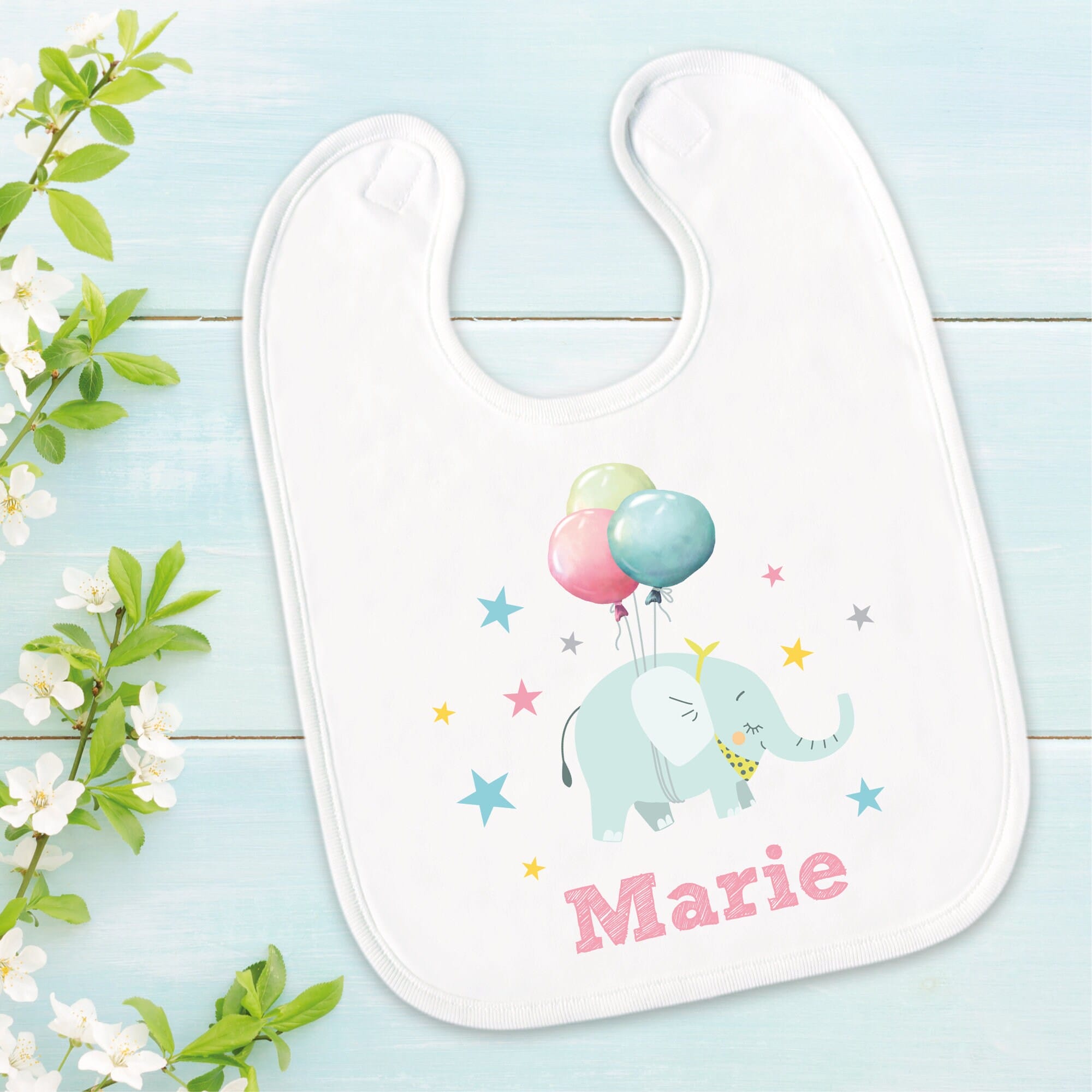 Bedrucktes Babylätzchen Elefant Luftballons Sterne mit Klettverschluss Wunschnamen Individuell Kinder Lätzchen Kleinkind
