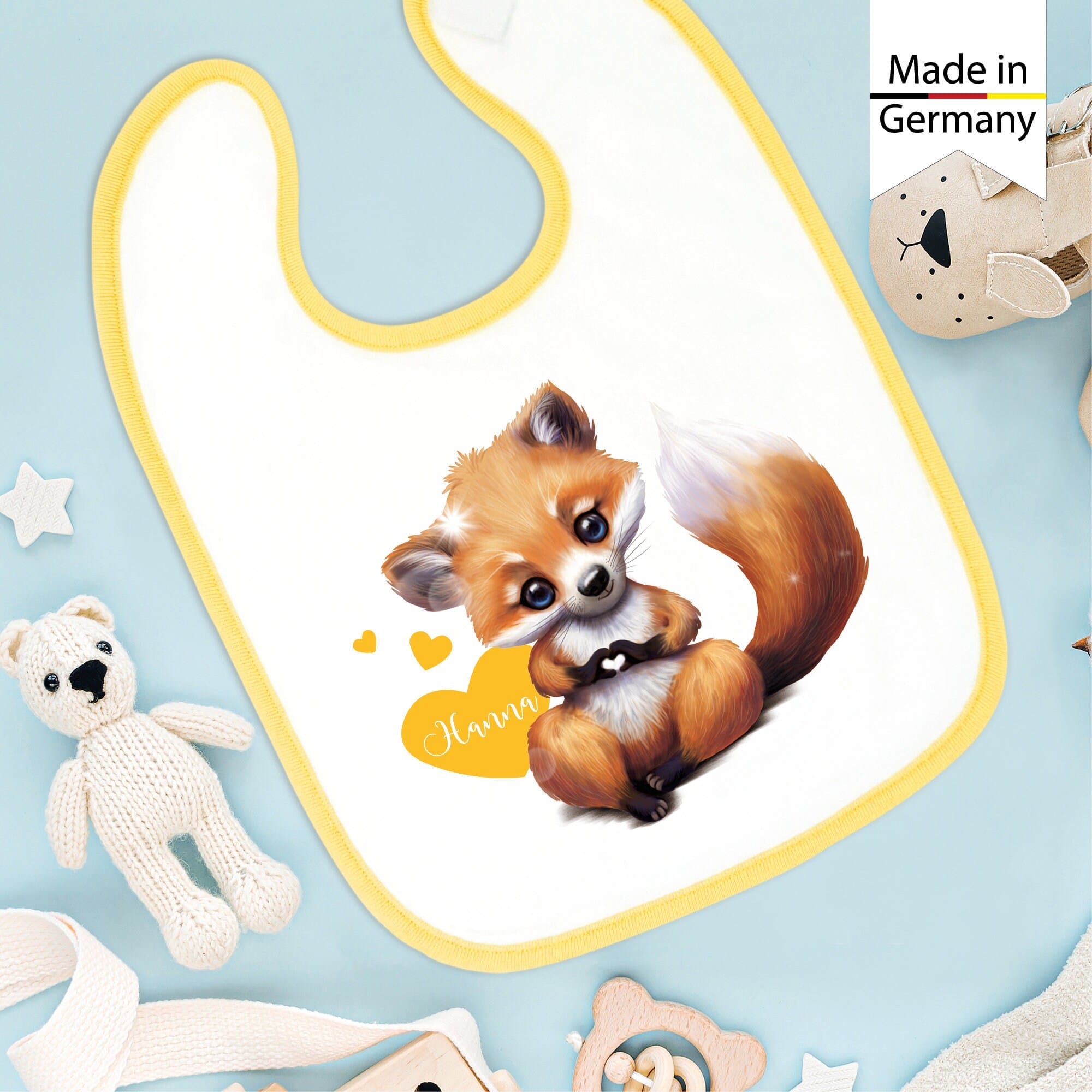 Bedrucktes Babylätzchen Fuchs Herz mit Klettverschluss Wunschnamen Individuell Kinder Lätzchen Kleinkind Auf dem Bild ist das Produkt: Bedrucktes Babylätzchen Fuchs Herz mit Klettverschluss Wunschnamen Individuell Kinder Lätzchen Kleinkind zum Preis von €14.90 abgebildet.