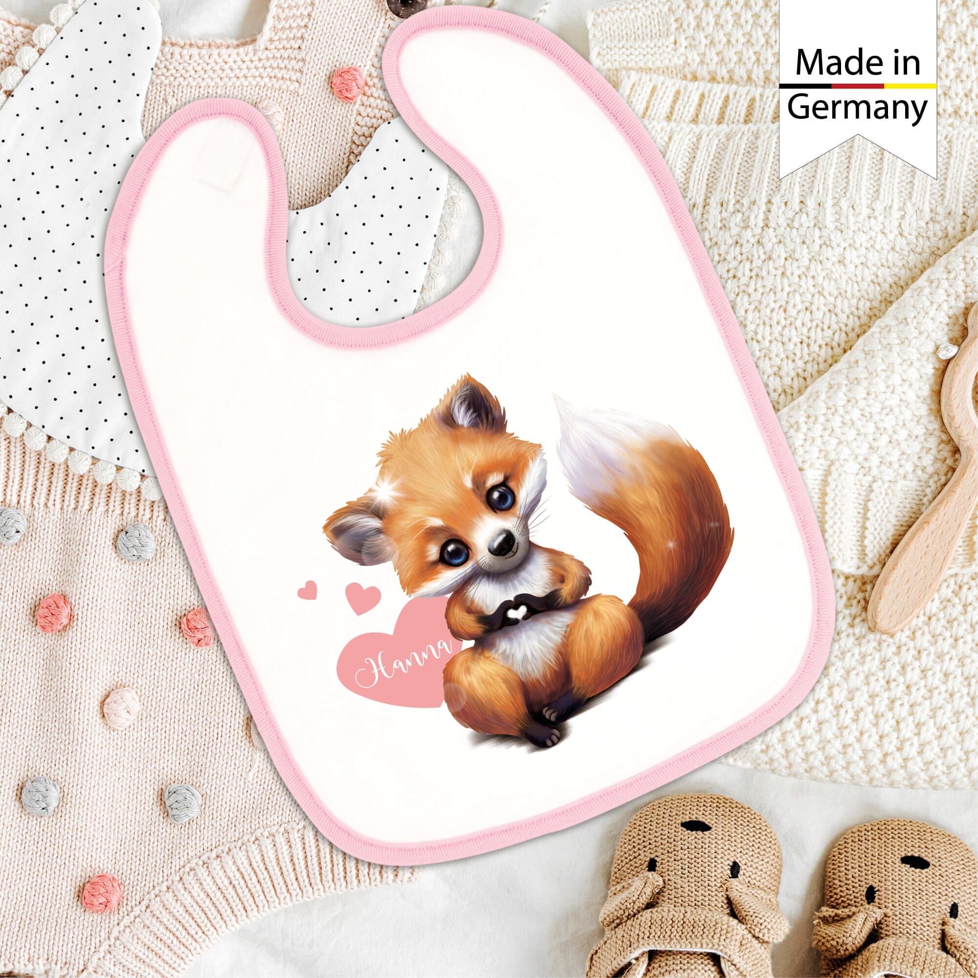 Bedrucktes Babylätzchen Fuchs Herz mit Klettverschluss Wunschnamen Individuell Kinder Lätzchen Kleinkind Auf dem Bild ist das Produkt: Bedrucktes Babylätzchen Fuchs Herz mit Klettverschluss Wunschnamen Individuell Kinder Lätzchen Kleinkind zum Preis von €14.90 abgebildet.