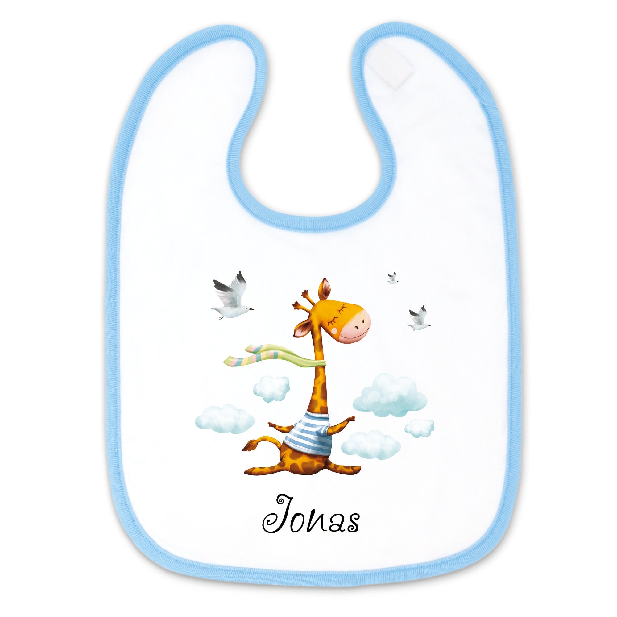 Bedrucktes Babylätzchen Giraffe Vögel Wolken mit Klettverschluss Wunschnamen Individuell Kinder Lätzchen Kleinkind Auf dem Bild ist das Produkt: Bedrucktes Babylätzchen Giraffe Vögel Wolken mit Klettverschluss Wunschnamen Individuell Kinder Lätzchen Kleinkind zum Preis von €14.9 abgebildet.