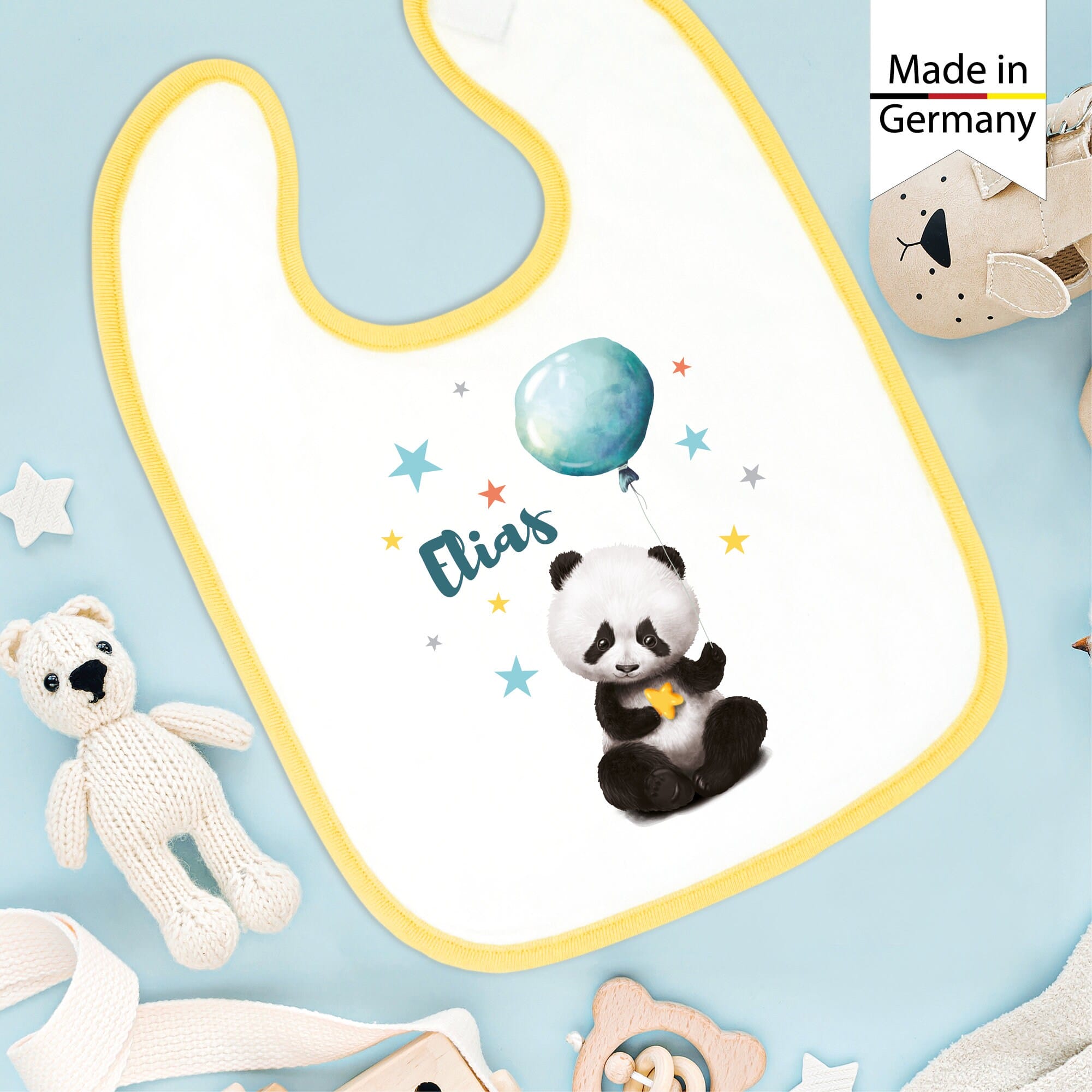 Bedrucktes Babylätzchen Panda Bär Luftballon Ballon Sterne mit Klettverschluss Wunschnamen Individuell Kinder Lätzchen Kleinkind Auf dem Bild ist das Produkt: Bedrucktes Babylätzchen Panda Bär Luftballon Ballon Sterne mit Klettverschluss Wunschnamen Individuell Kinder Lätzchen Kleinkind zum Preis von €14.9 abgebildet.