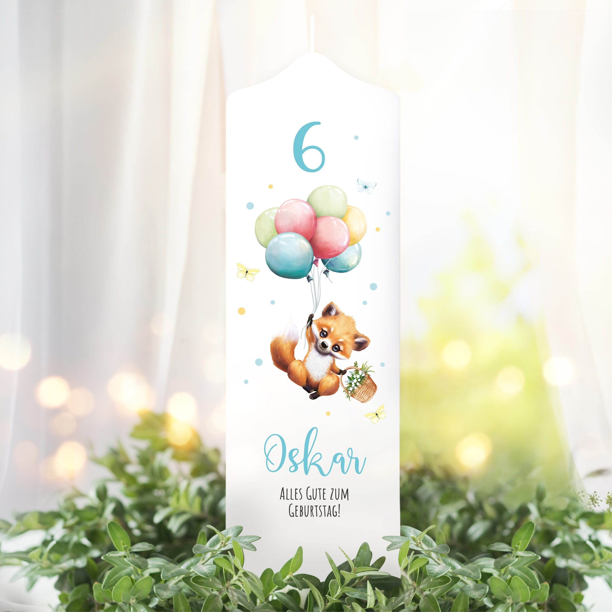 Weiße Geburtstagskerze mit Fuchs und Luftballons mit Wunschdaten Geschenkidee Geburtstag Weiße Geburtstagskerze mit Fuchs und Luftballons mit Wunschdaten Geschenkidee Geburtstag