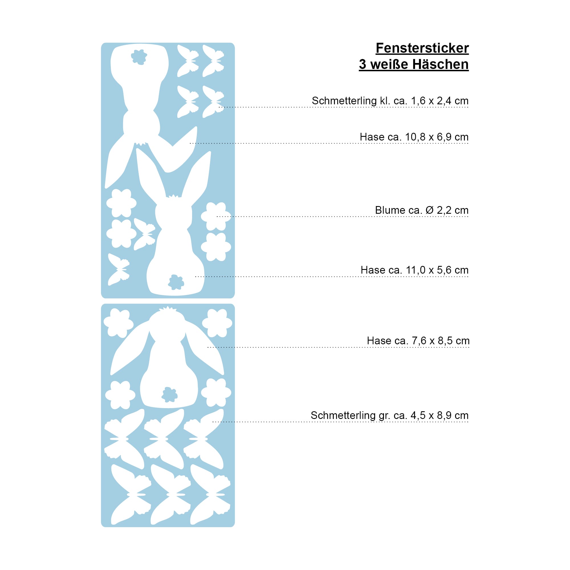 Auf dem Bild ist das Produkt: Fensteraufkleber Frühling Ostern drei Hasen Blümchen Schmetterlinge weiß WIEDERVERWENDBAR 23 Aufkleber im SetFensterbild Fensterdeko zum Preis von €8.9 abgebildet.
