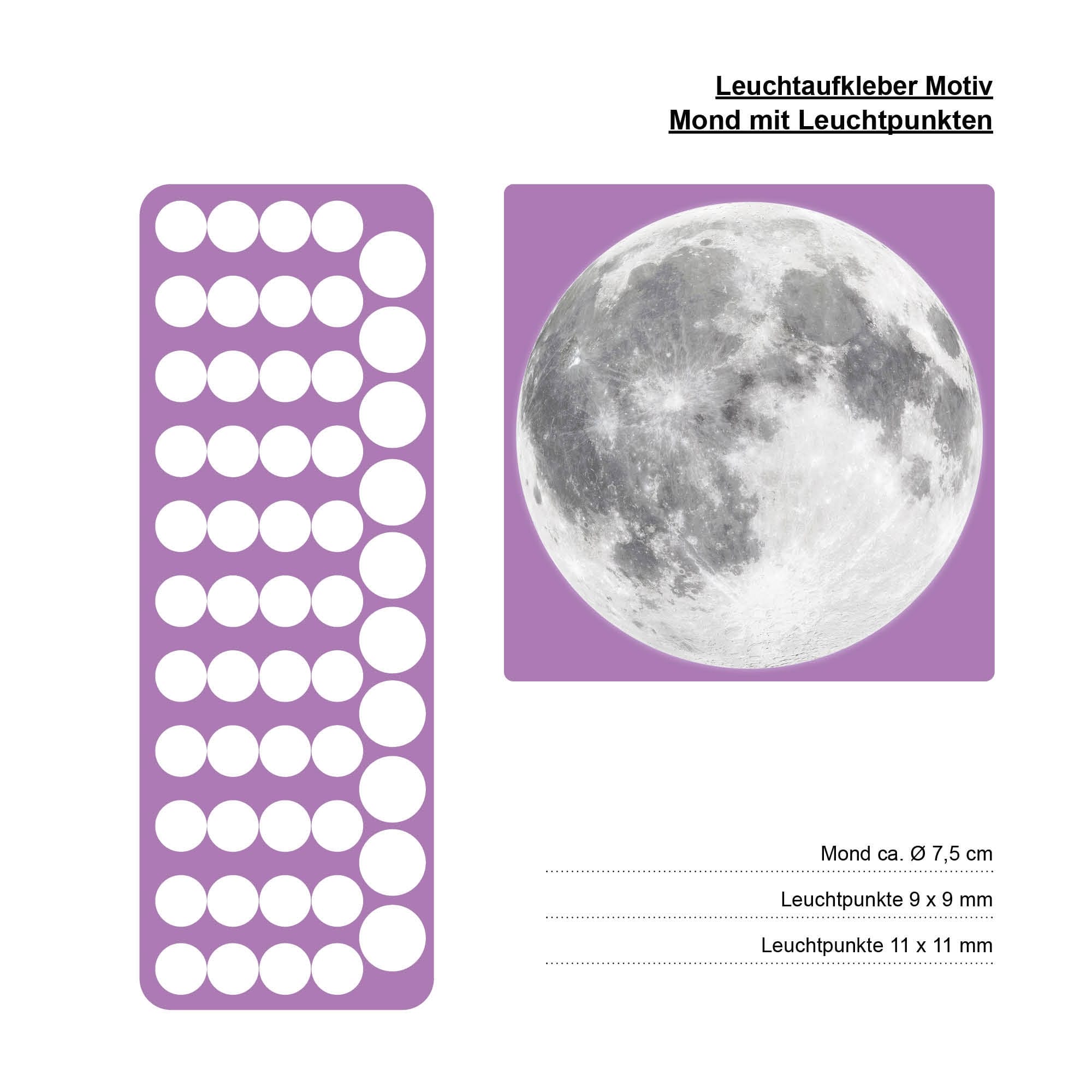 Leuchtaufkleber Kinderzimmer Mini 7,5 cm Mond mit Punkten Sternen Leuchtsterne leuchten im Dunklen Lichtschalter Auf dem Bild ist das Produkt: Leuchtaufkleber Kinderzimmer Mini 7,5 cm Mond mit Punkten Sternen Leuchtsterne leuchten im Dunklen Lichtschalter zum Preis von €5.9 abgebildet.