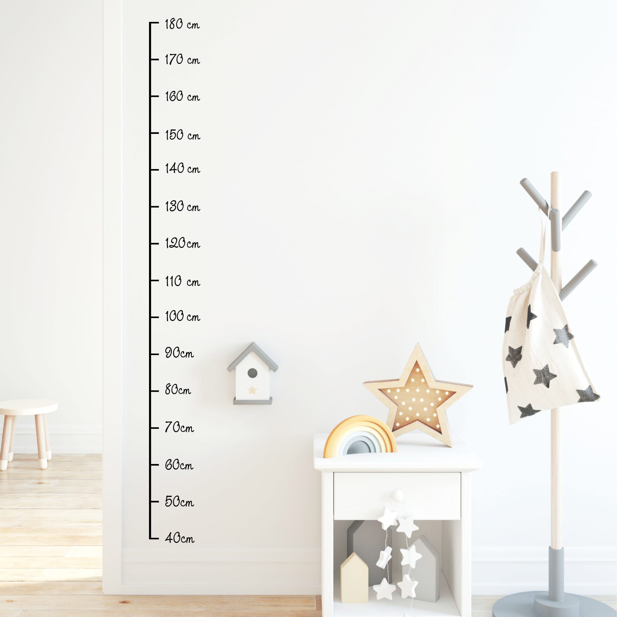Wandtattoo Messlatte Kinderzimmer Maßband 40 – 180 cm ohne Hintergrundfolie Wandsticker, 10 cm Abstand