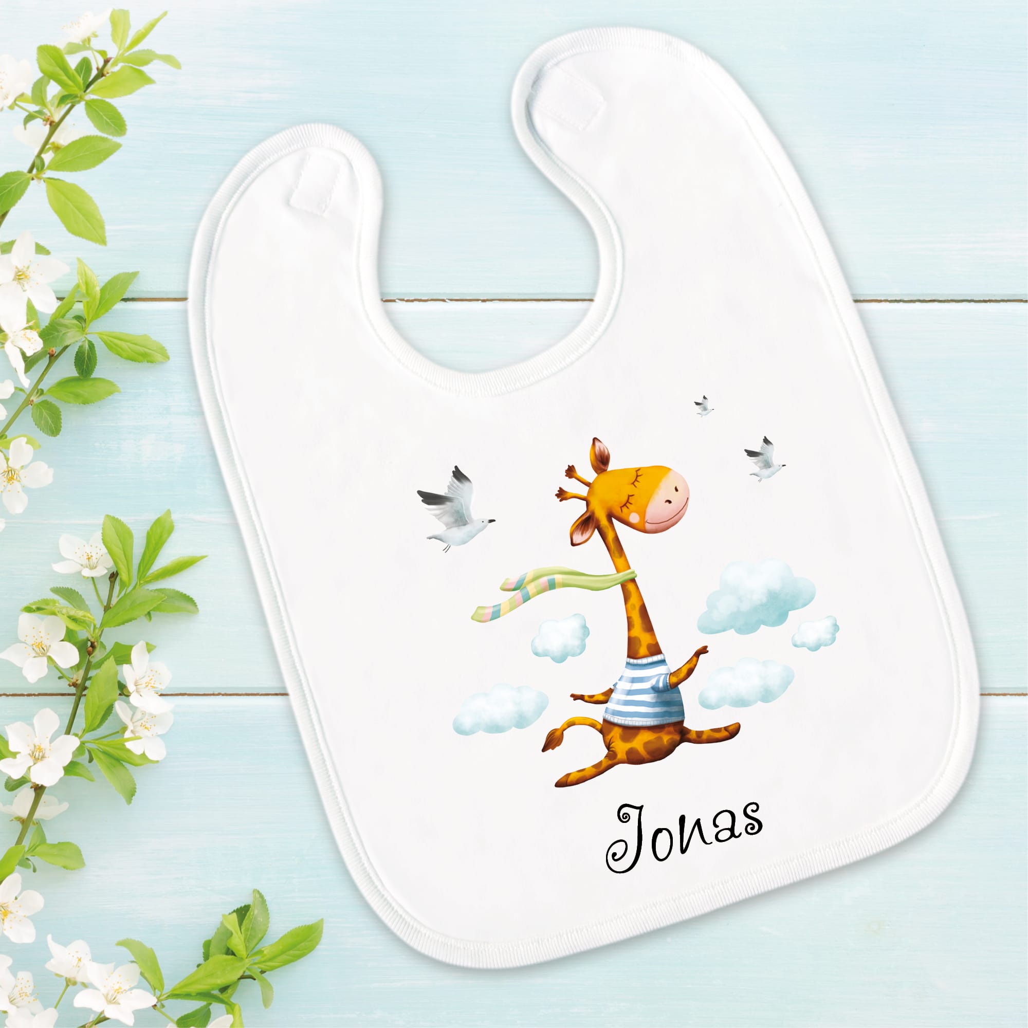 Bedrucktes Babylätzchen Giraffe Vögel Wolken mit Klettverschluss Wunschnamen Individuell Kinder Lätzchen Kleinkind