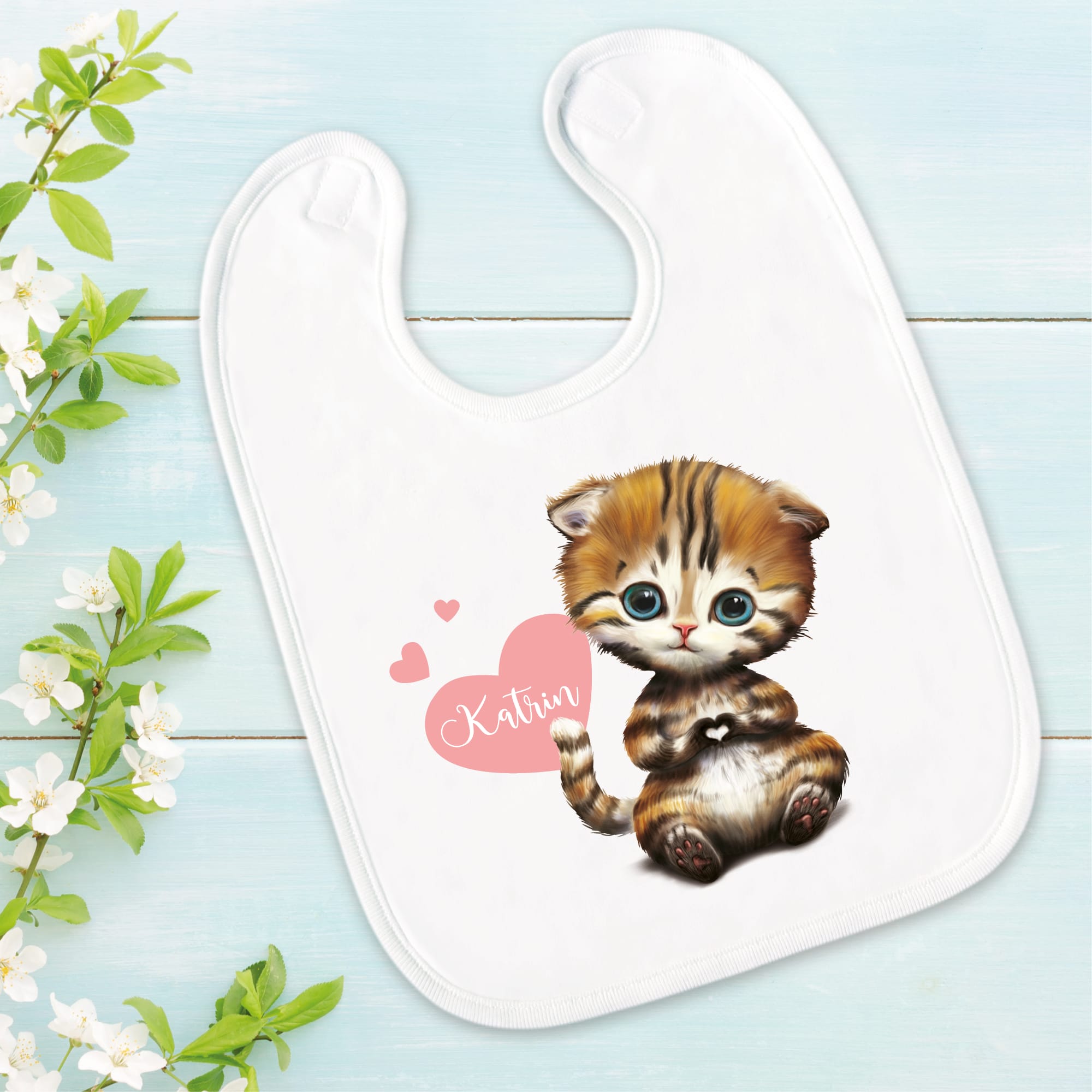 Bedrucktes Babylätzchen Katze Kätzchen Herz mit Klettverschluss Wunschnamen Individuell Kinder Lätzchen Kleinkind