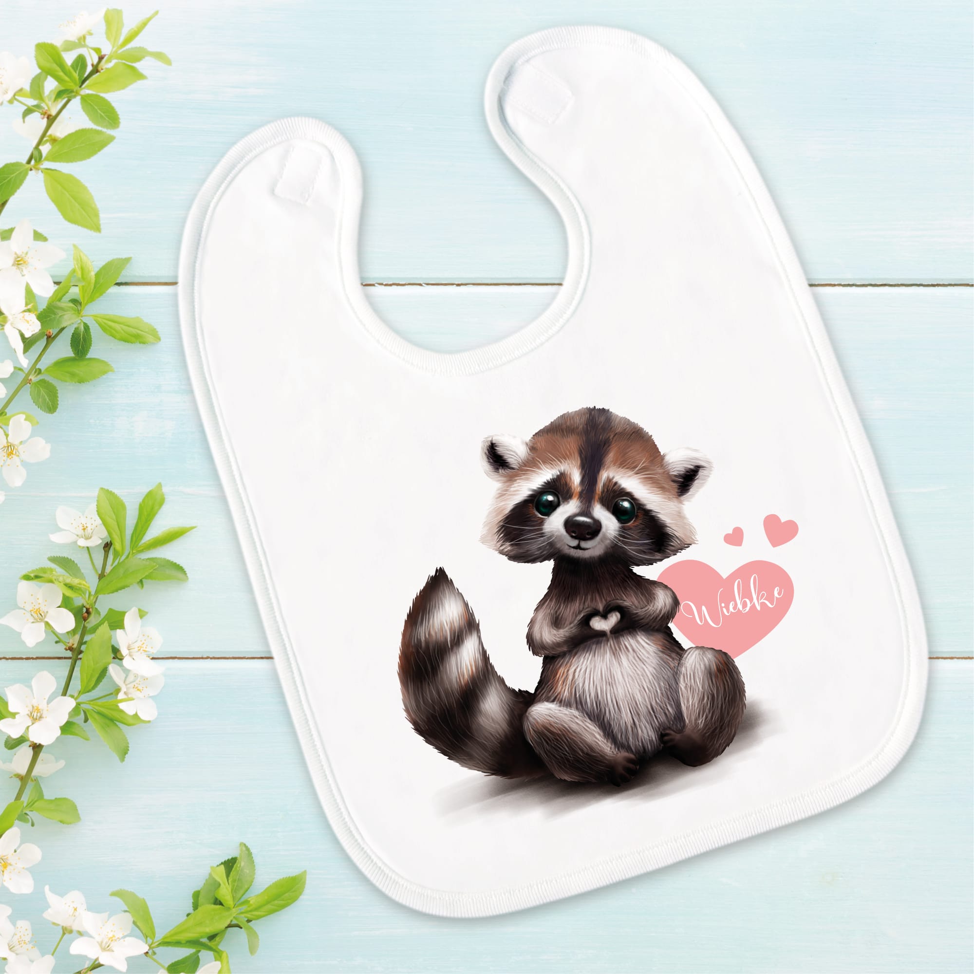 Bedrucktes Babylätzchen Waschbär Herz mit Klettverschluss Wunschnamen Individuell Kinder Lätzchen Kleinkind