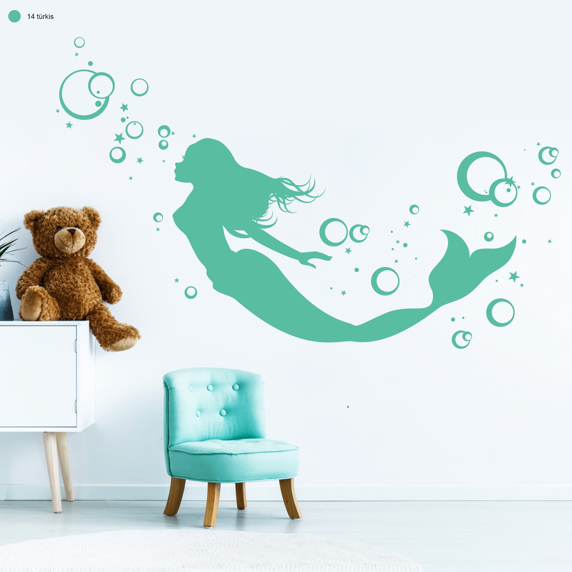 Auf dem Bild ist das Produkt: Wandtattoo Meerjungfrau Unterwasserwelt Kinderzimmer Mädchen Sirene Nixe Meereswesen Meerjungfrau-Deko zum Preis von €23.90 abgebildet.