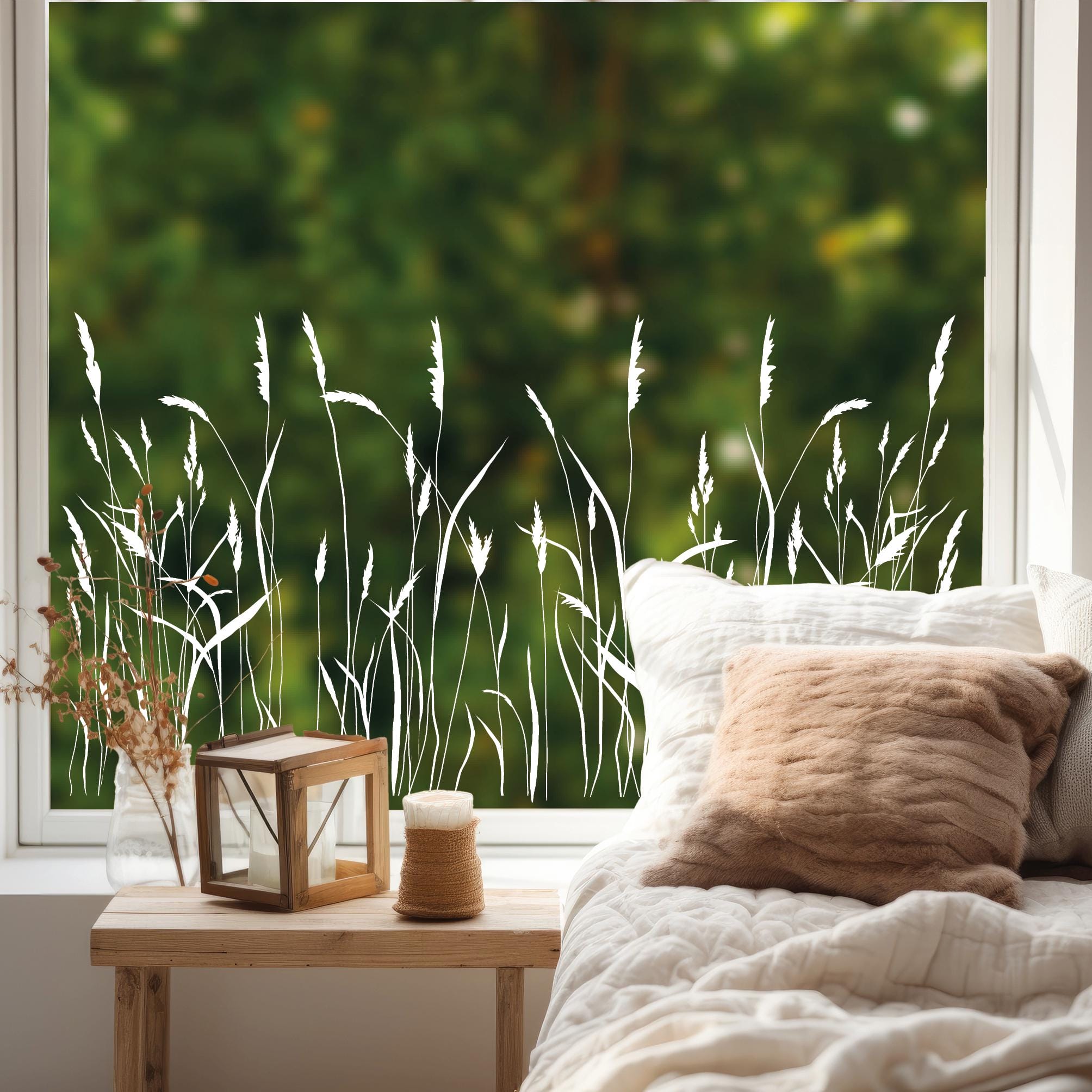 Fensterbild Gräser Zweige Schilf Wildblumen schwarz oder weiß wiederverwendbar natur Fensteraufkleber Fensterdekoration Frühling Terrasse