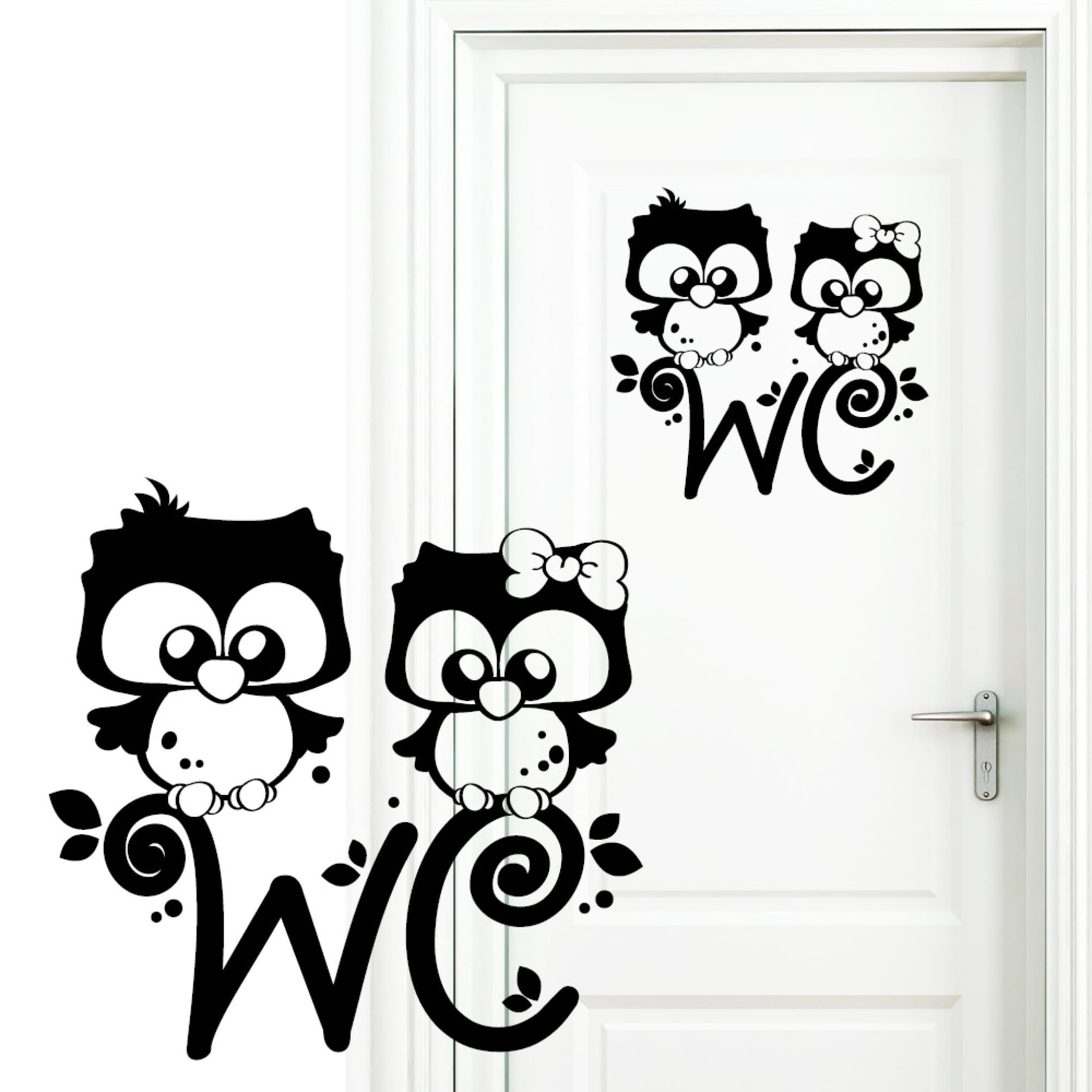 Türaufkleber Eulen Pärchen mit WC-Schriftzug, 30 Farben, selbstklebender Türsticker für Bad & Gäste-WC, rückstandslos entfernbar, hochwertige Vinylfolie, WC Aufkleber Tür, WC Schild