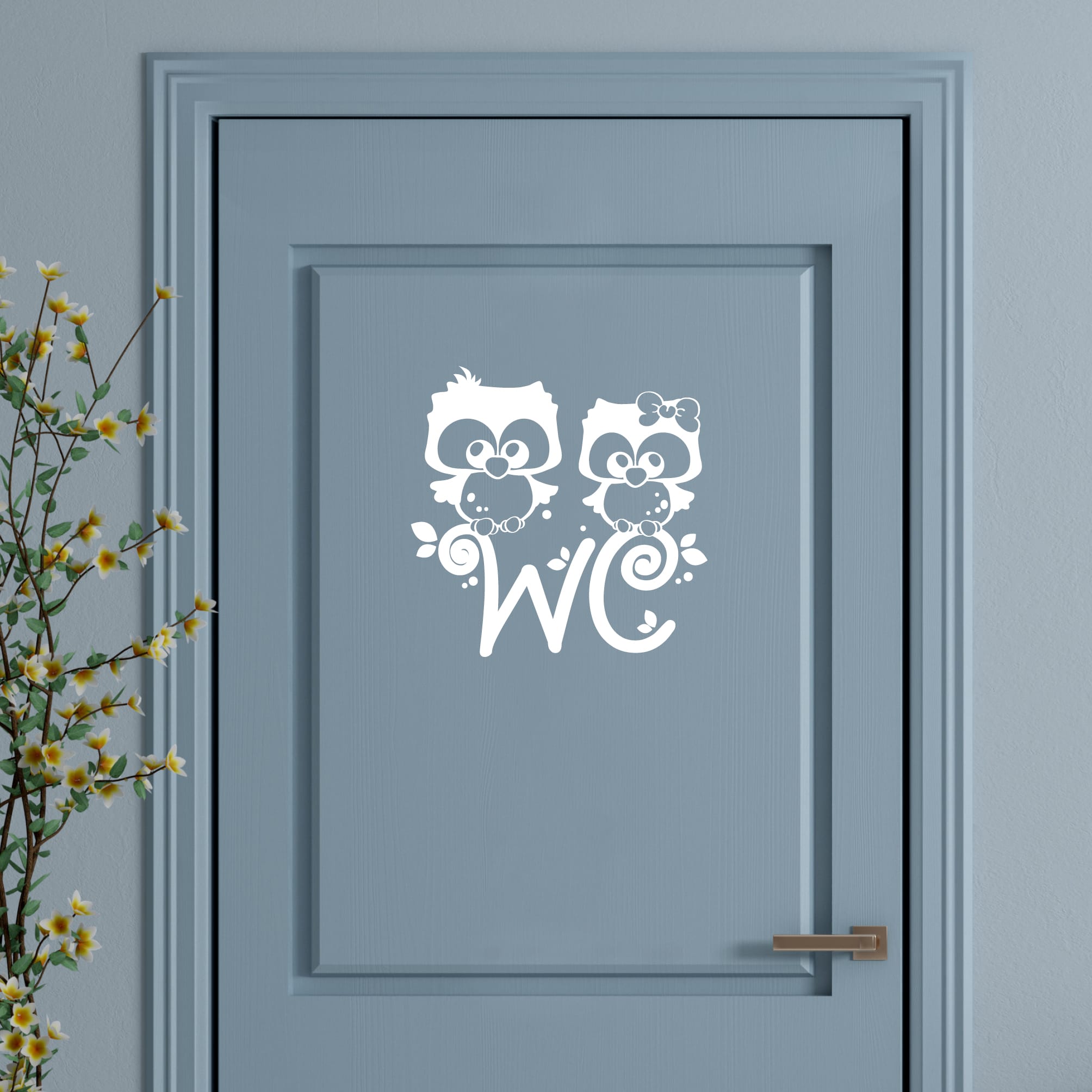 Türaufkleber Eulen Pärchen mit WC-Schriftzug, 30 Farben, selbstklebender Türsticker für Bad & Gäste-WC, rückstandslos entfernbar, hochwertige Vinylfolie, WC Aufkleber Tür, WC Schild Auf dem Bild ist das Produkt: Türaufkleber Eulen Pärchen mit WC-Schriftzug, 30 Farben, selbstklebender Türsticker für Bad & Gäste-WC, rückstandslos entfernbar, hochwertige Vinylfolie, WC Aufkleber Tür, WC Schild zum Preis von €10.90 abgebildet.