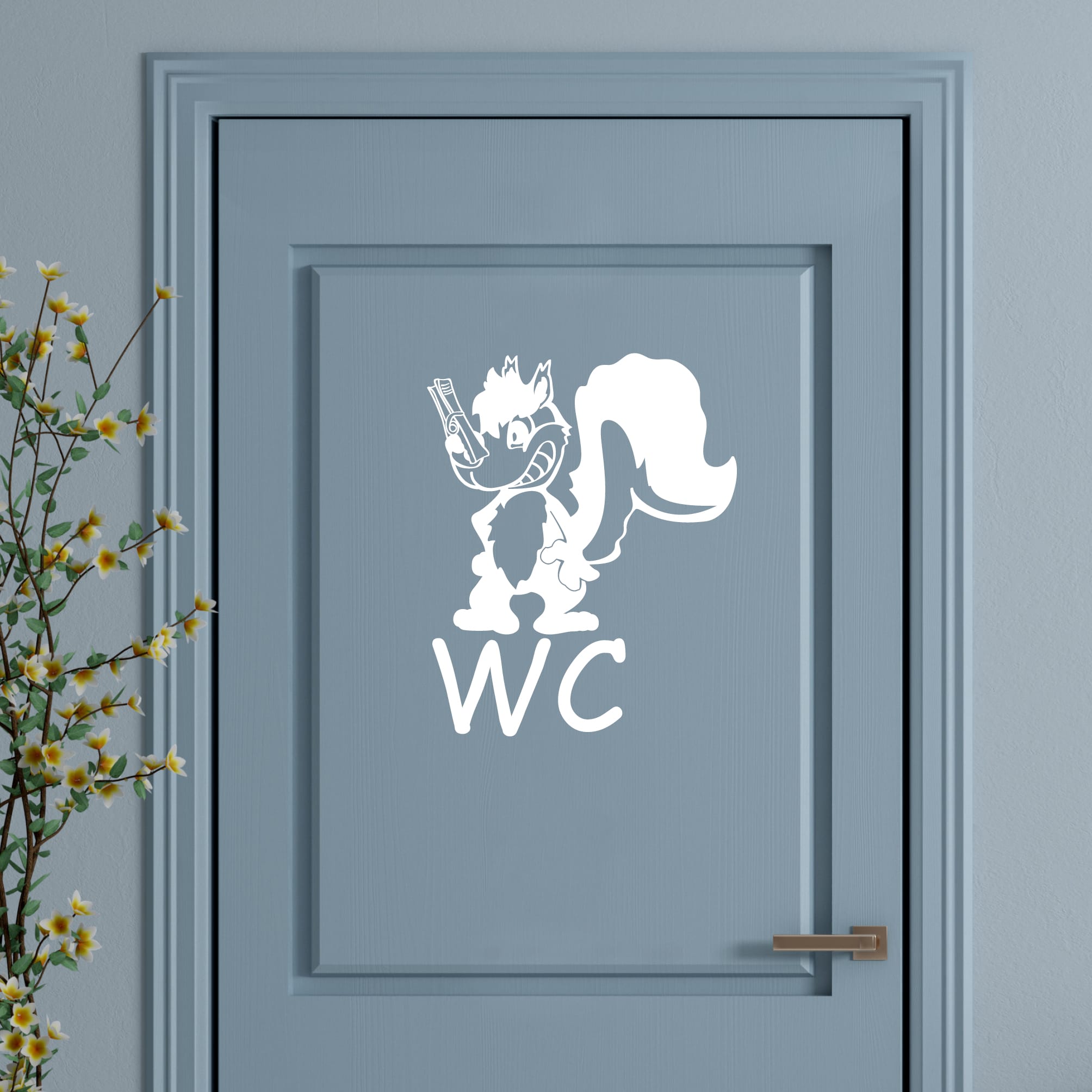 Auf dem Bild ist das Produkt: Türaufkleber Bad WC Stinktier mit Schriftzug Badezimmer Türschild selbstklebend, rückstandslos entfernbare Dekoration, 30 Farben zur Auswahl zum Preis von €13.90 abgebildet.