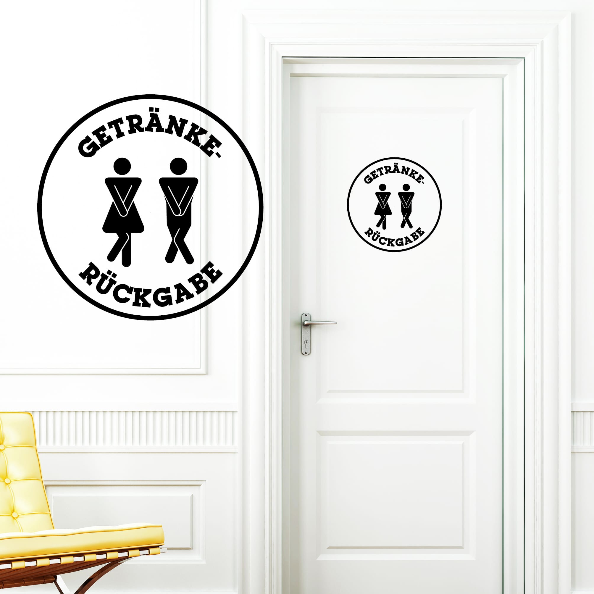 Türaufkleber “Getränkerückgabe” rund Motiv Mann Frau, 30 Farben, selbstklebender Türsticker für Bad & Gäste-WC, rückstandslos entfernbar