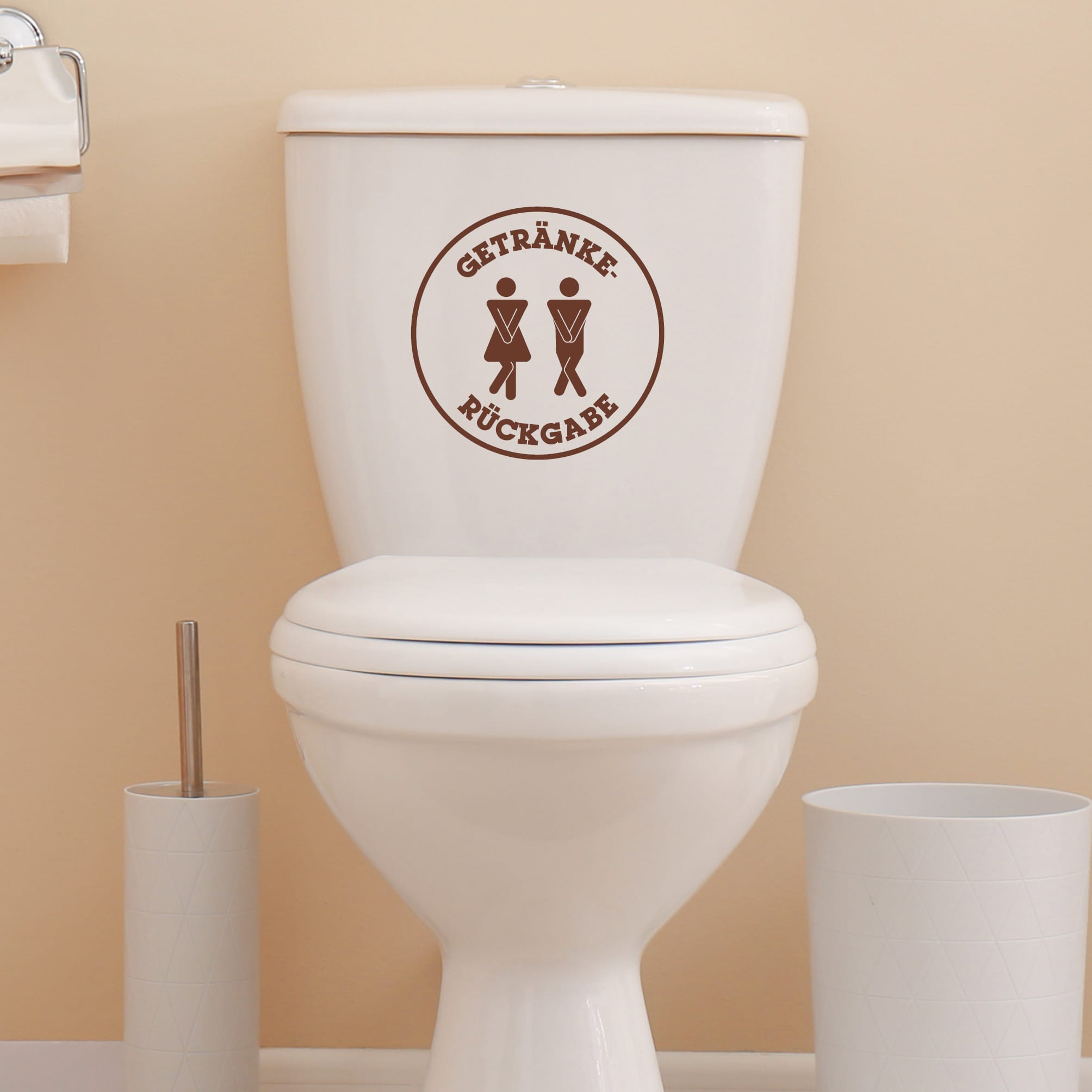 Auf dem Bild ist das Produkt: Türaufkleber “Getränkerückgabe” rund Motiv Mann Frau, 30 Farben, selbstklebender Türsticker für Bad & Gäste-WC, rückstandslos entfernbar zum Preis von &euro;10.90 abgebildet.