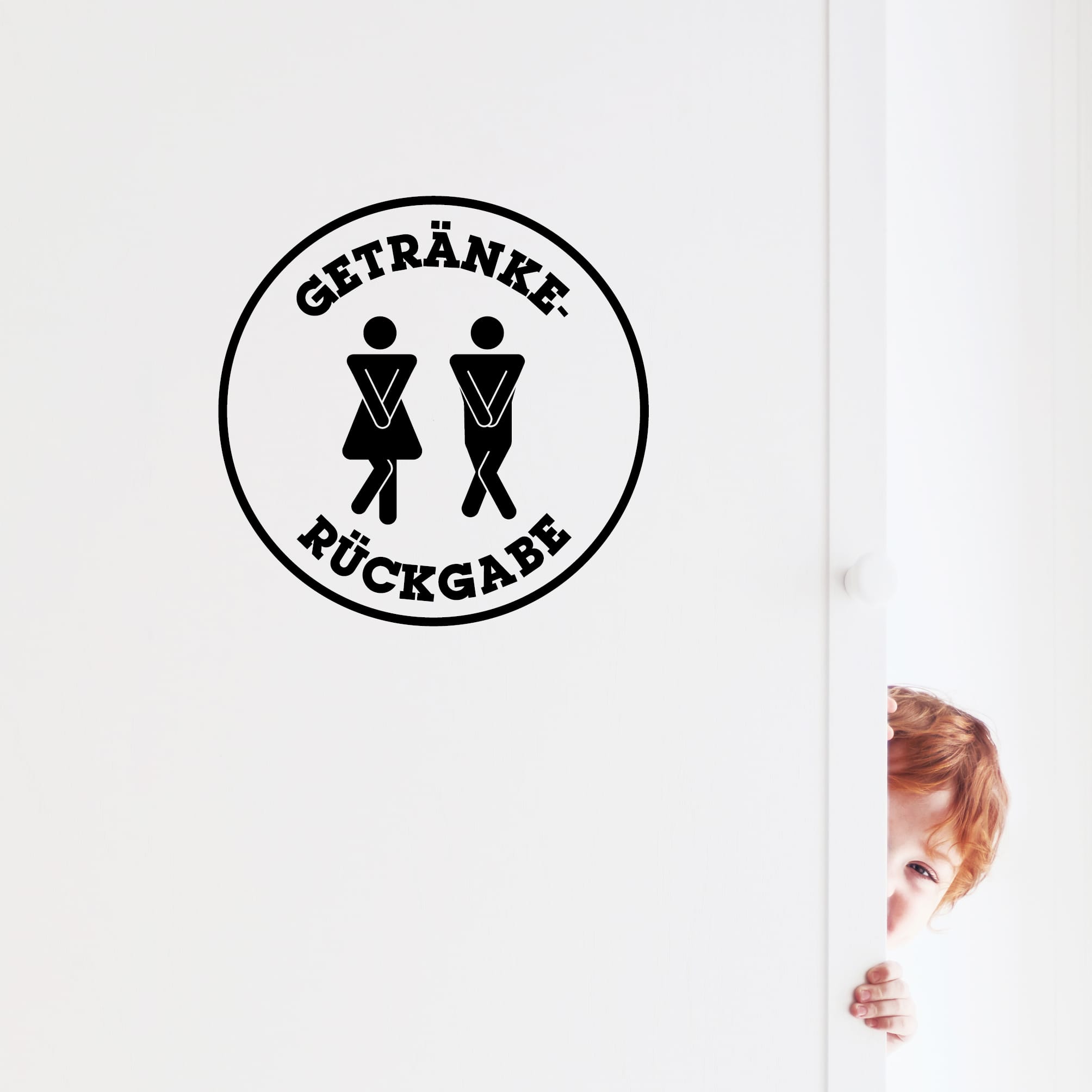 Auf dem Bild ist das Produkt: Türaufkleber “Getränkerückgabe” rund Motiv Mann Frau, 30 Farben, selbstklebender Türsticker für Bad & Gäste-WC, rückstandslos entfernbar zum Preis von &euro;10.90 abgebildet.