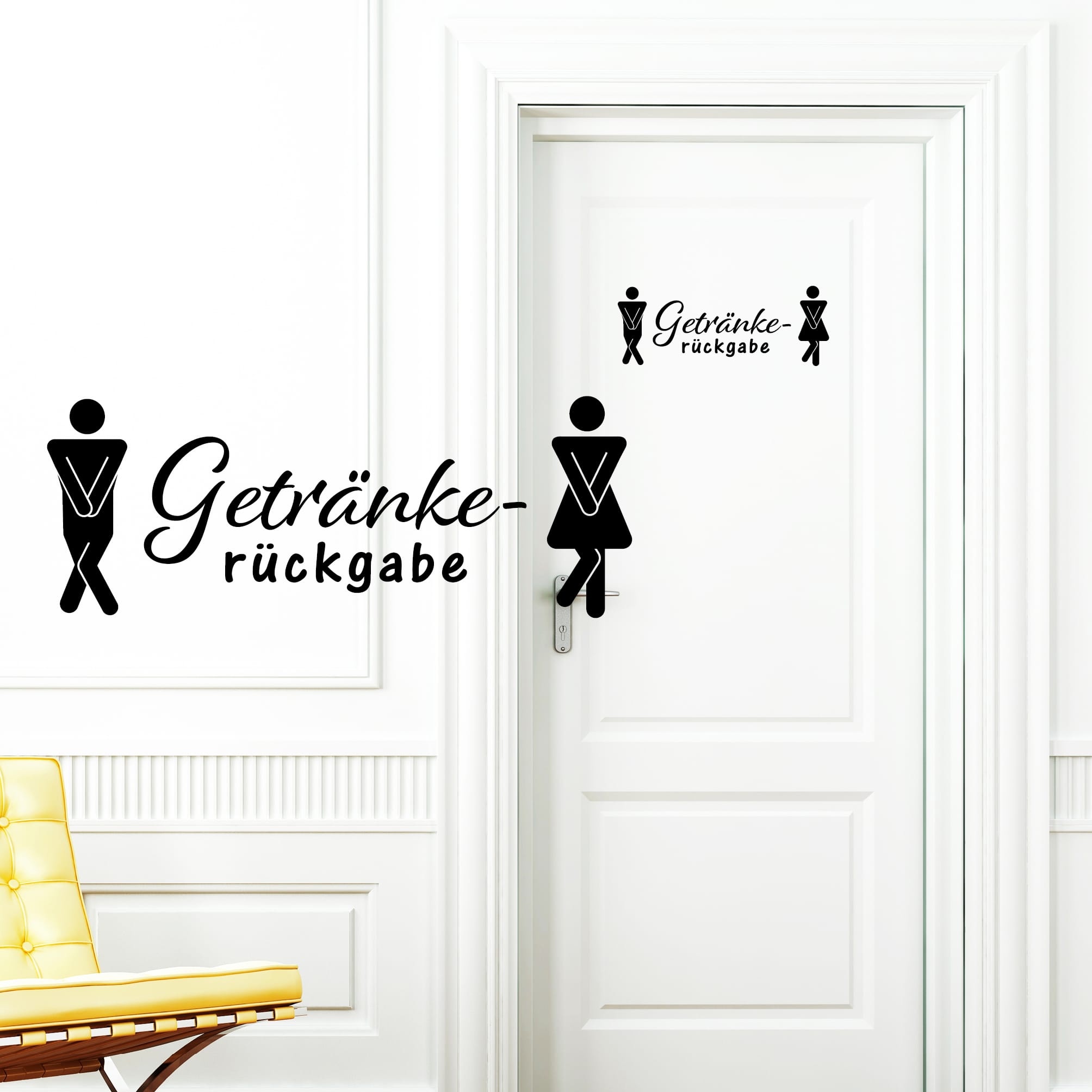 Türaufkleber “Getränkerückgabe” eckig Motiv Mann Frau, 30 Farben, selbstklebender Türsticker für Bad & Gäste-WC, rückstandslos entfernbar