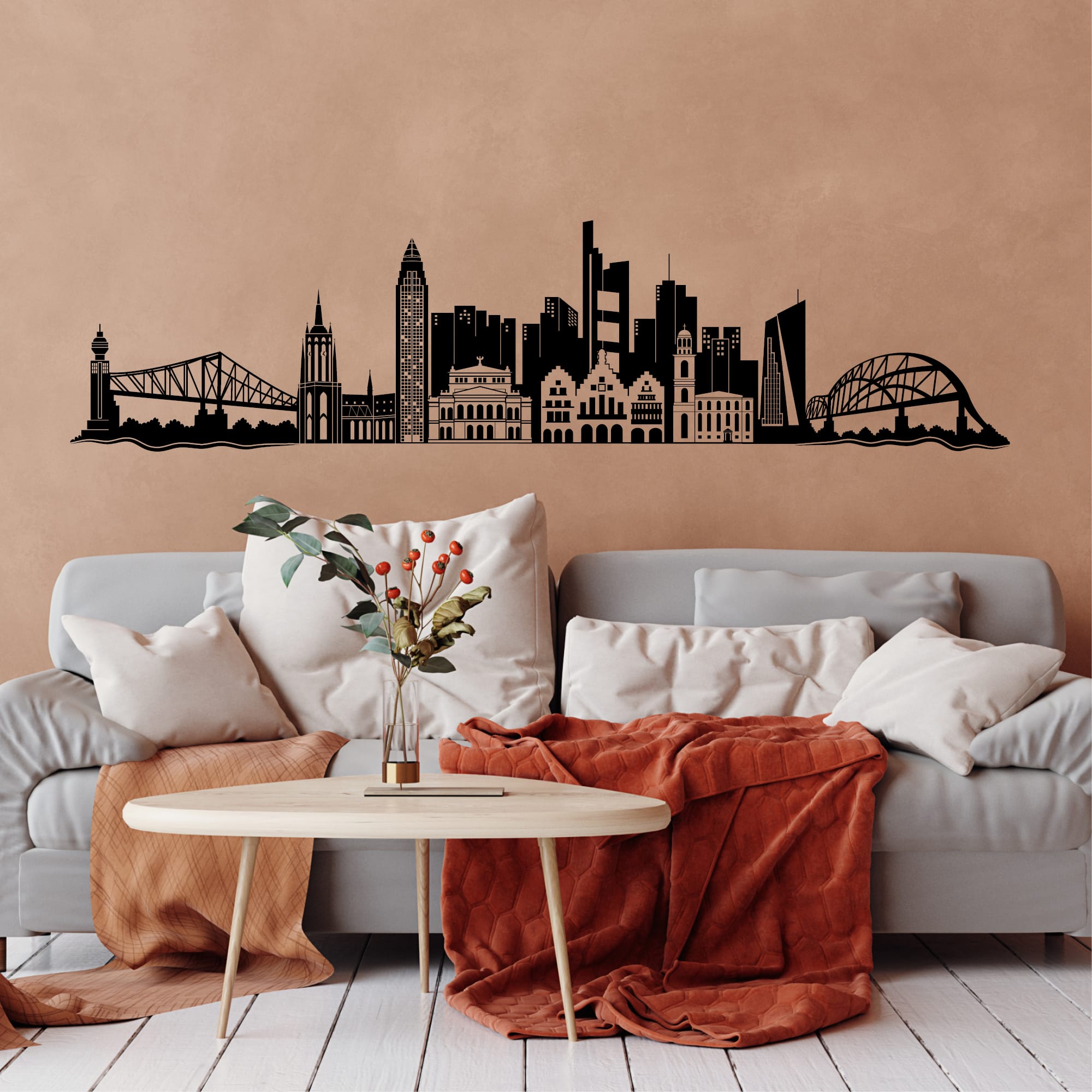 Wandtattoo Frankfurt Skyline Dekoration Wandaufkleber Fankfurt am Main Brücke Messeturm Kaiserdom Wohnzimmer