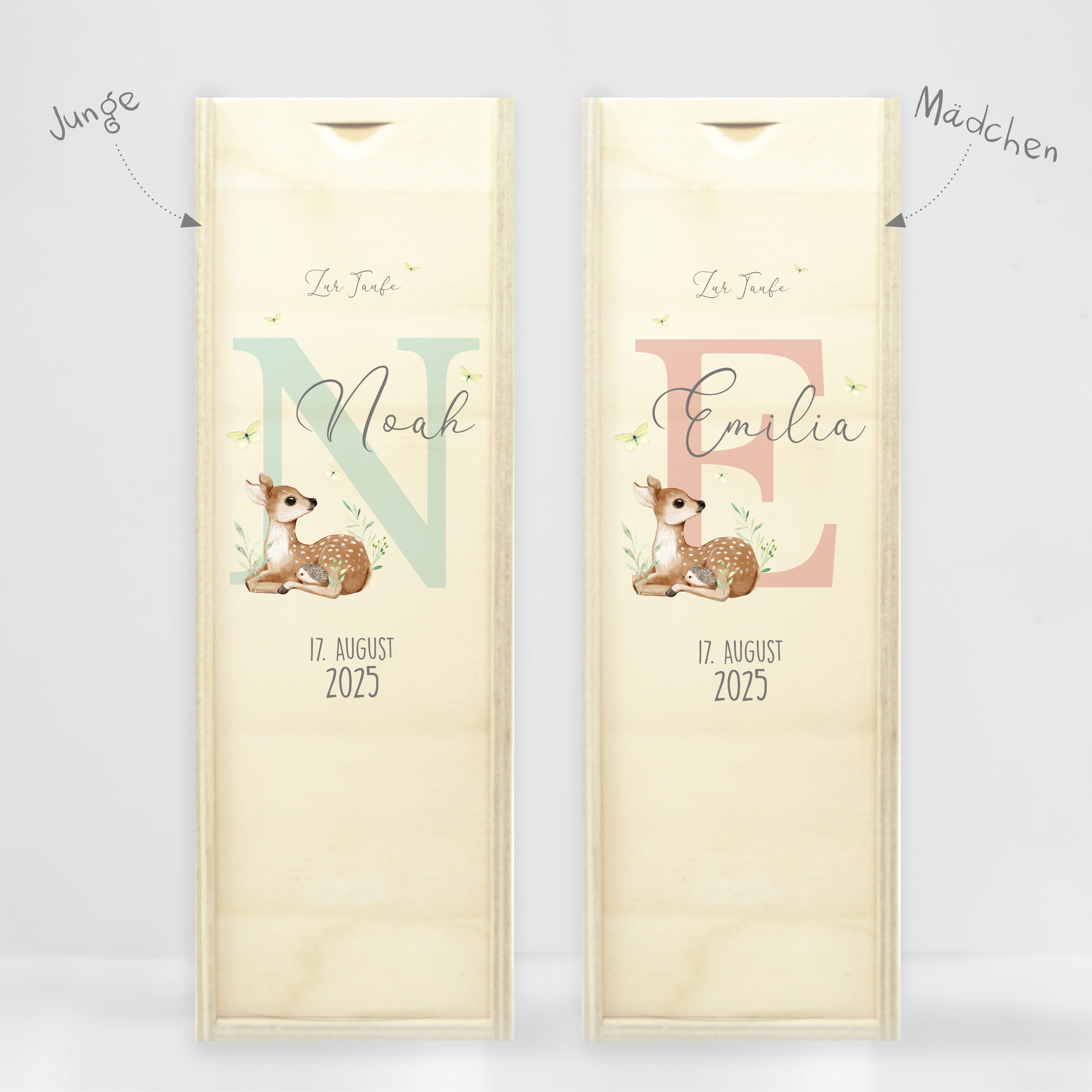 Auf dem Bild ist das Produkt: Taufkerze Junge Mädchen bedruckt personalisierter Buchstabe Reh Rehkitz Kerze zur Taufe Geburtstag Geschenk zum Preis von €6.40 abgebildet.